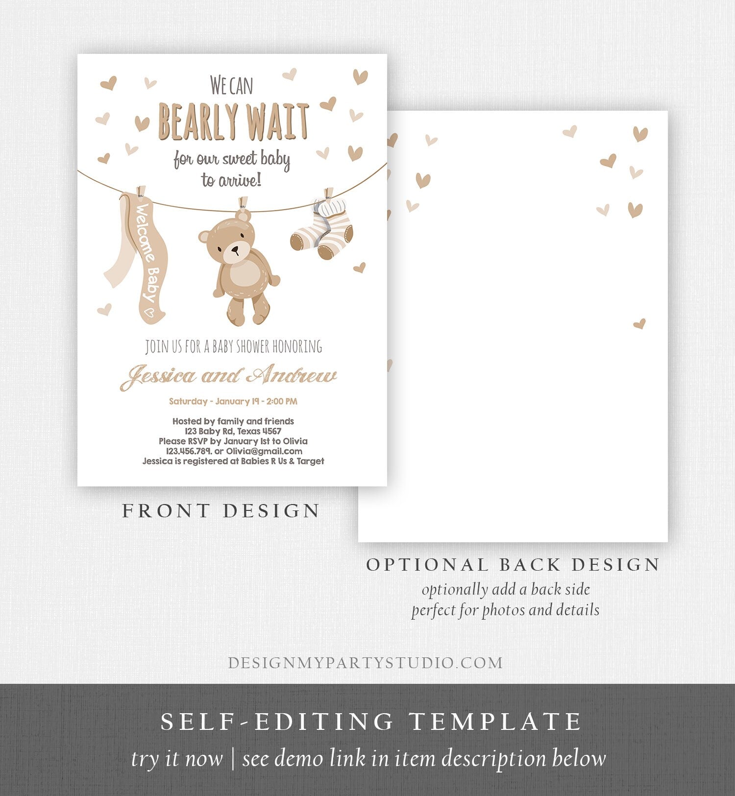 Editable Teddy Bear Baby Shower Invitation Gender Neutral We Can Bearly Wait Couples Shower Invite Template Instant Download Corjl 0025