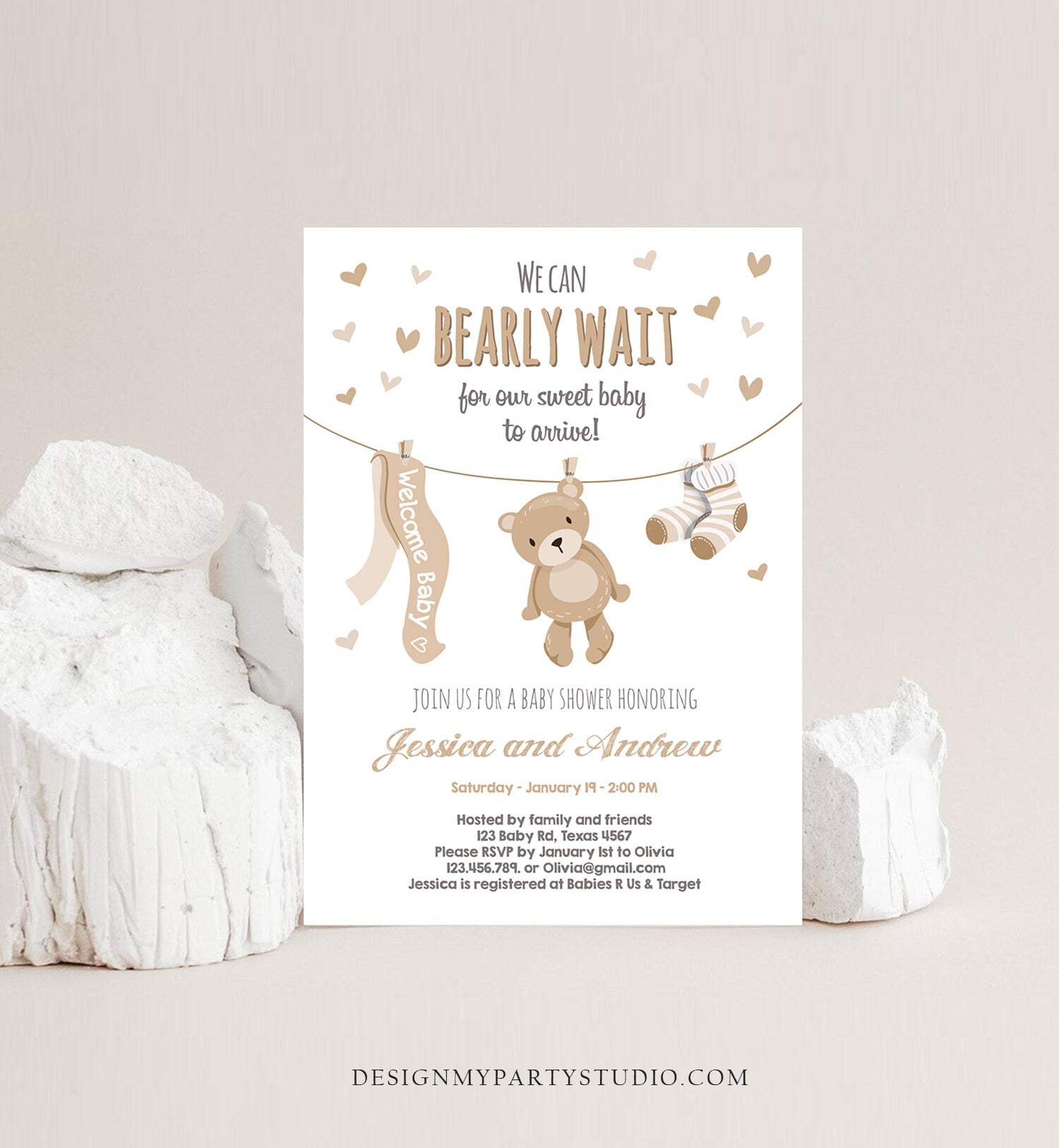 Editable Teddy Bear Baby Shower Invitation Gender Neutral We Can Bearly Wait Couples Shower Invite Template Instant Download Corjl 0025