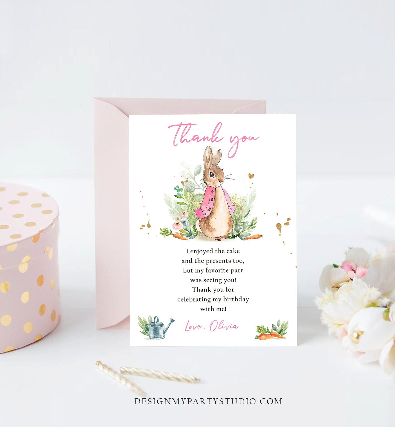 Editable Flopsy Rabbit Birthday Thank You Card Girl Pink Baby Shower Rustic Peter Rabbit Spring Bunny Digital Corjl Template Printable 0351