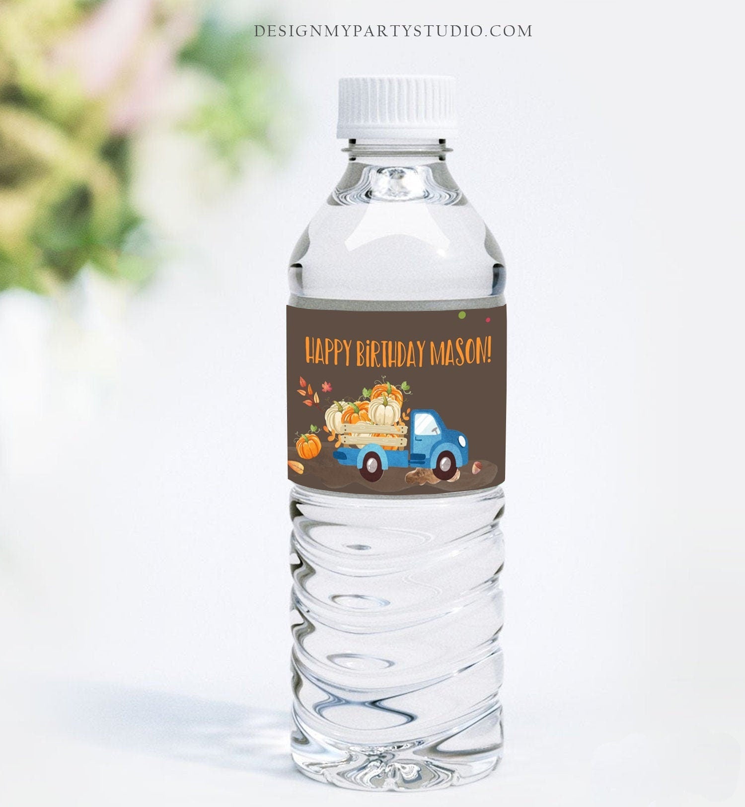 Editable Pumpkin Water Bottle Labels Pumpkin Boy Blue Truck Drink Tags Fall Autumn Label Pumpkin Birthday Fall Harvest Corjl Template 0153