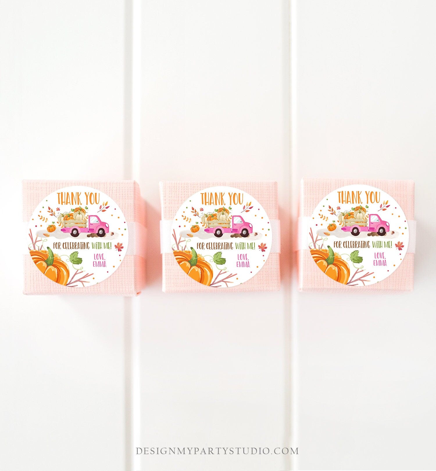 Editable Little Pumpkin Truck Favor Tag Girl Birthday Pumpkin Truck Thank You Sticker Label Fall Autumn Corjl Template Printable 0153