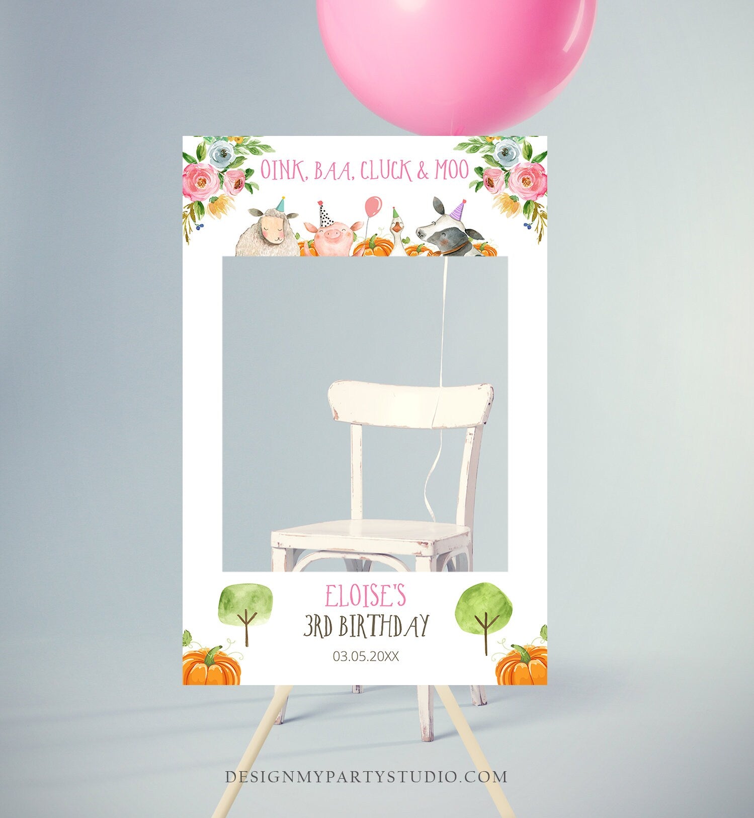 Editable Farm Animals Birthday Photo Prop Frame Barnyard Birthday Pink Girl Pumpkin Fall Autumn Photo Booth Decor Template PRINTABLE 0155