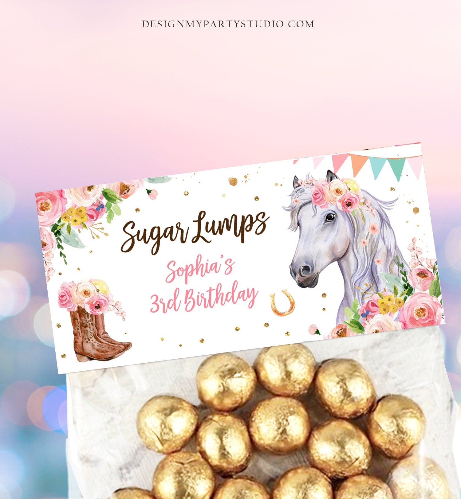 Editable Horse Treat Bag Toppers Horse Birthday Favors Girl Horse Party Favor Tags Cowgirl Pink Floral Corjl Template Printable 0408