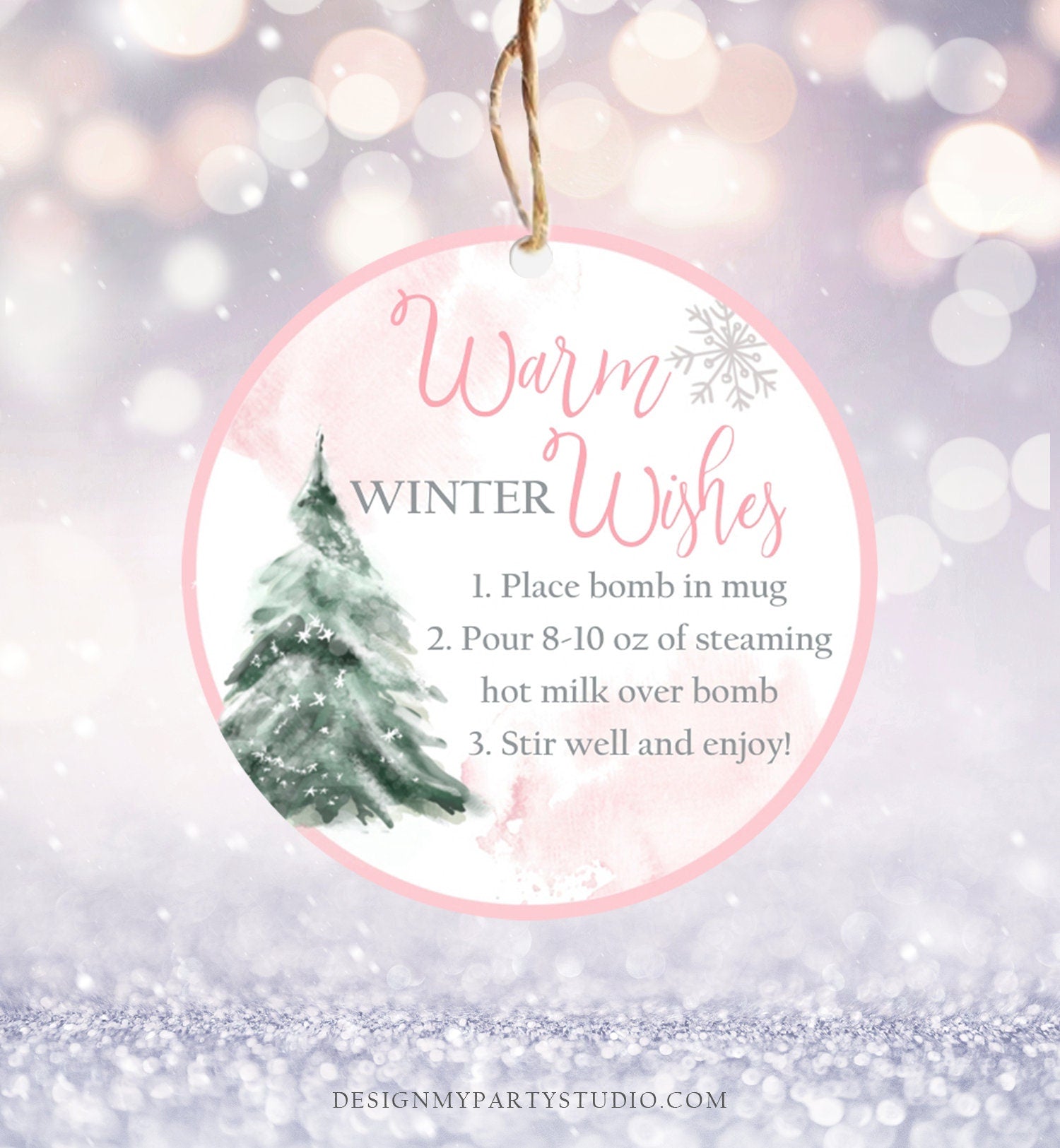 Editable Hot Chocolate Bomb Tags Bomb Instructions Hot Cocoa Tags Bomb Label Tree Pink Christmas Warm Winter Wishes Digital PRINTABLE 0363