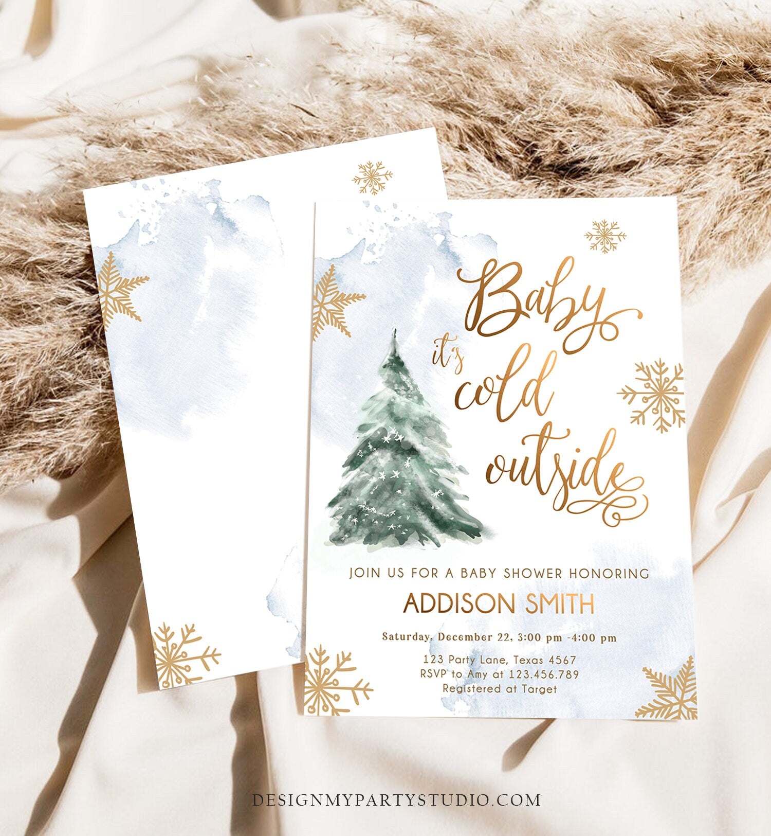 Editable Baby Its Cold Outside Baby Shower Invitation Winter Neutral Blue Boy Gold Snow Watercolor Tree Template Download Corjl 0363