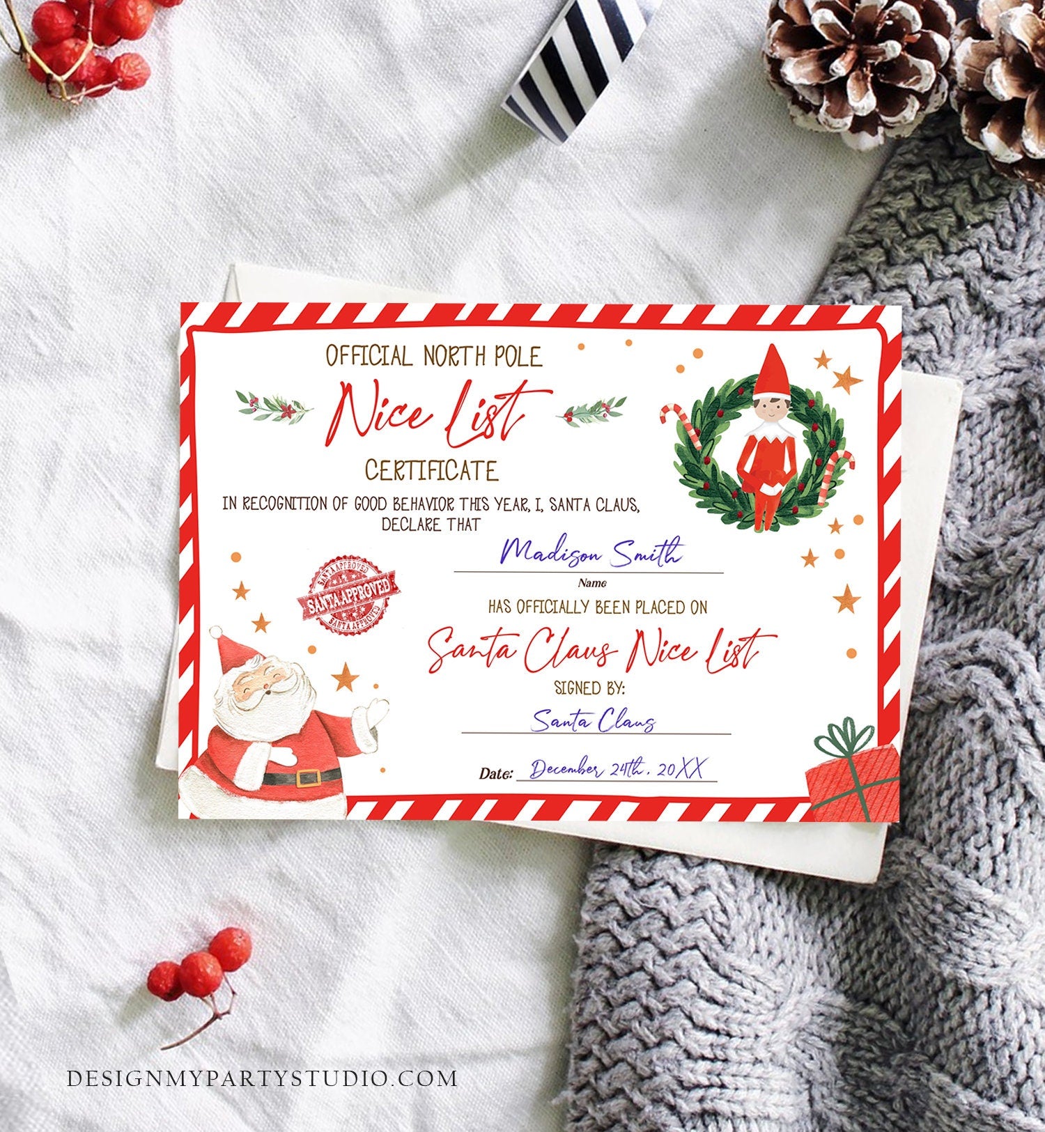 Editable Santa Claus Official Nice List Certificate Letter From Desk Christmas Eve Elves Boy Girl North Pole Corjl Template Printable 0358