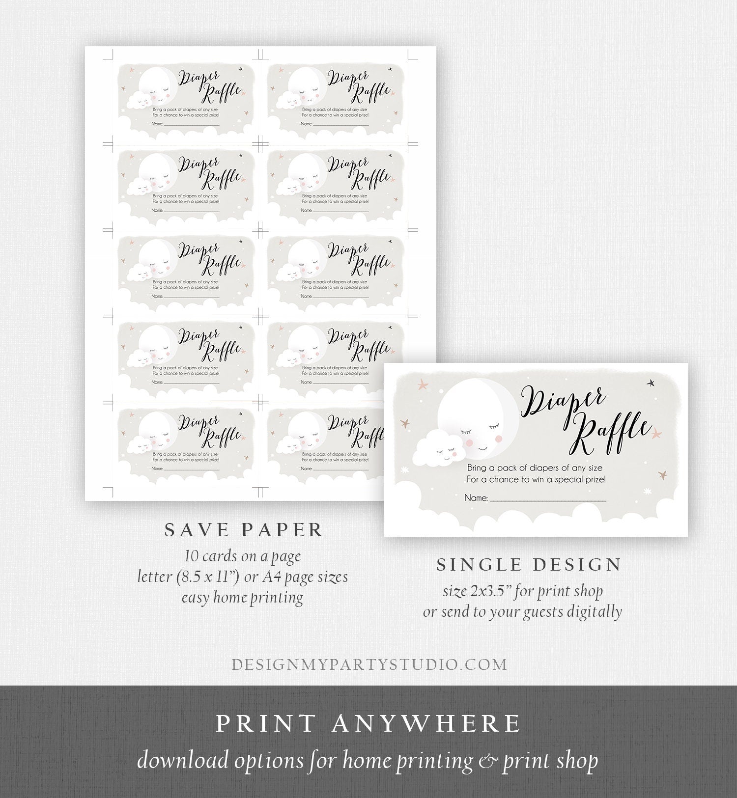 Editable Diaper Raffle Tickets Baby Shower Love You to the Moon and Back Diaper Game Sprinkle Gender Neutral Corjl Template Printable 0113