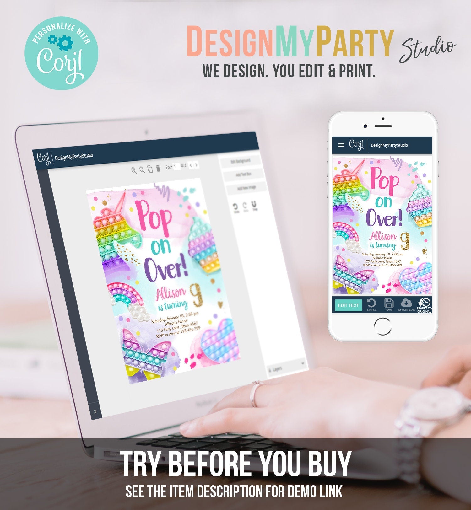 Editable Pop It Birthday Party Invitation Fidget Toy Girl Kids Birthday Rainbow Pastel Unicorn Bubble Download Printable Template Corjl 0422