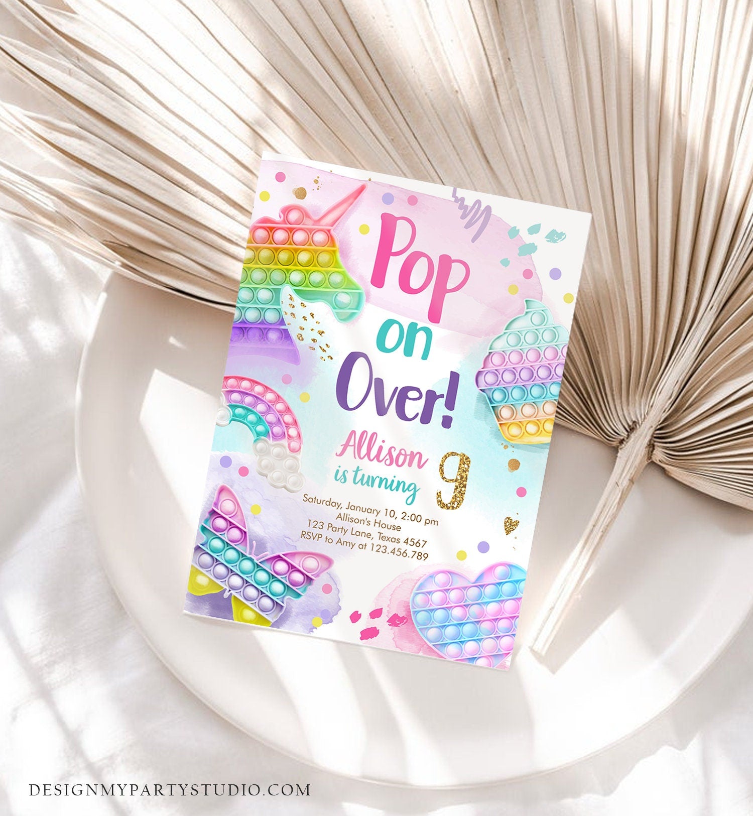 Editable Pop It Birthday Party Invitation Fidget Toy Girl Kids Birthday Rainbow Pastel Unicorn Bubble Download Printable Template Corjl 0422