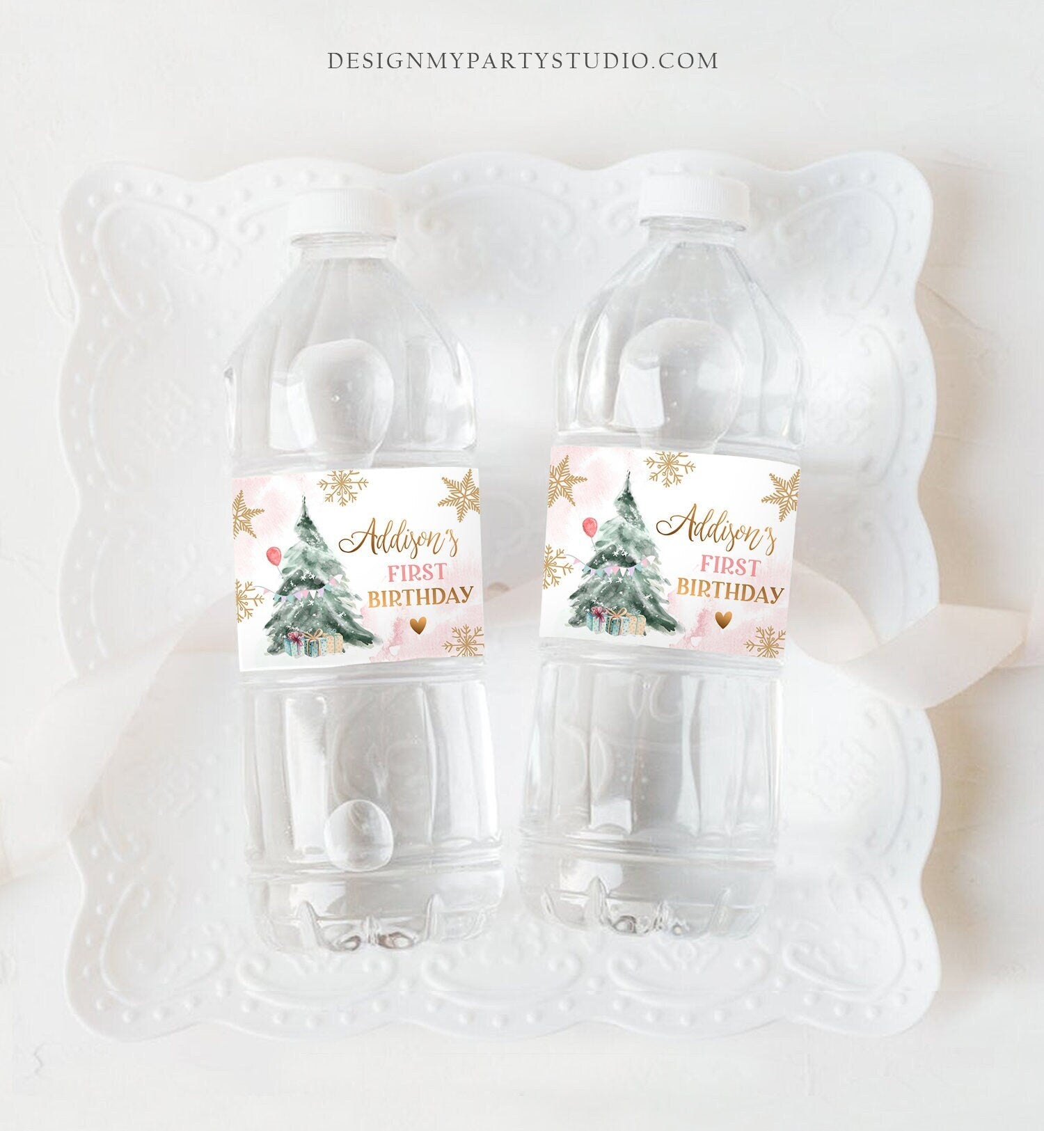 Editable Winter Onederland Water Bottle Labels Winter Birthday Party Girl Pink Gold Wonderland Party Download Printable Template Corjl 0363