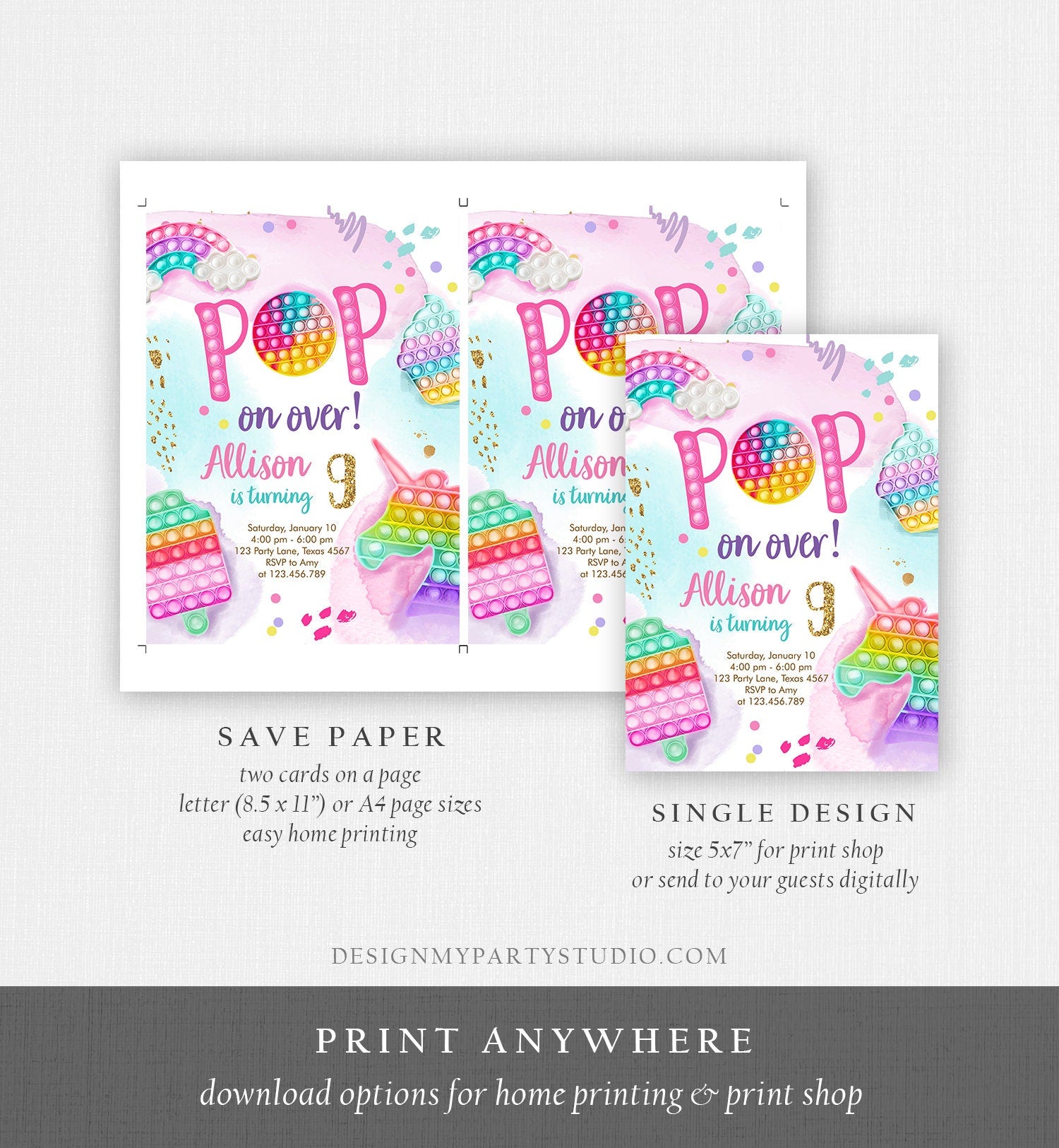 Editable Pop It Invitation Fidget Toy Party Pop It Rainbow Girl Kids Pastel Unicorn Watercolor Bubble Download Printable Template Corjl 0422