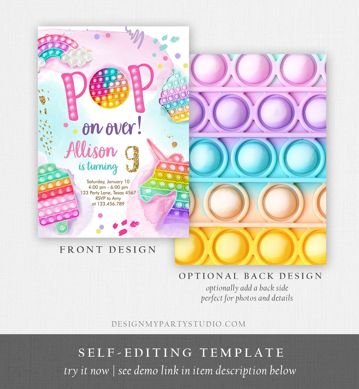 Editable Pop It Invitation Fidget Toy Party Pop It Rainbow Girl Kids Pastel Unicorn Watercolor Bubble Download Printable Template Corjl 0422