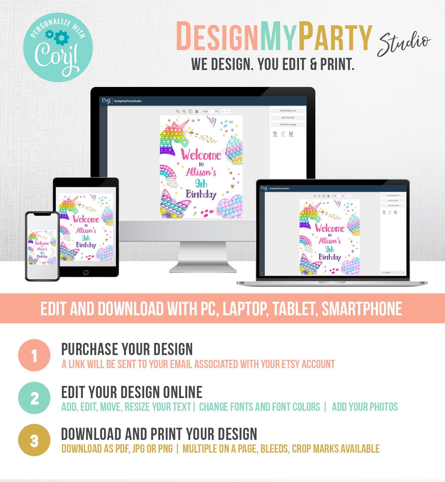 Editable Pop It Birthday Welcome Sign Fidget Toy Party Popit Birthday Welcome Teen Girl Pastel Rainbow Template Corjl PRINTABLE 0422