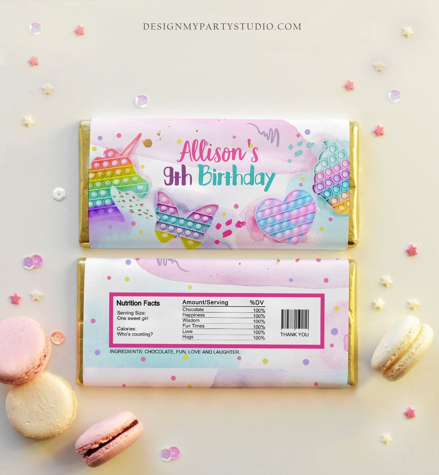 Editable Pop It Candy Bar Wrapper Fidget Chocolate Bar Labels Pop It Label Pop It Birthday Rainbow Download Corjl Template Printable 0422