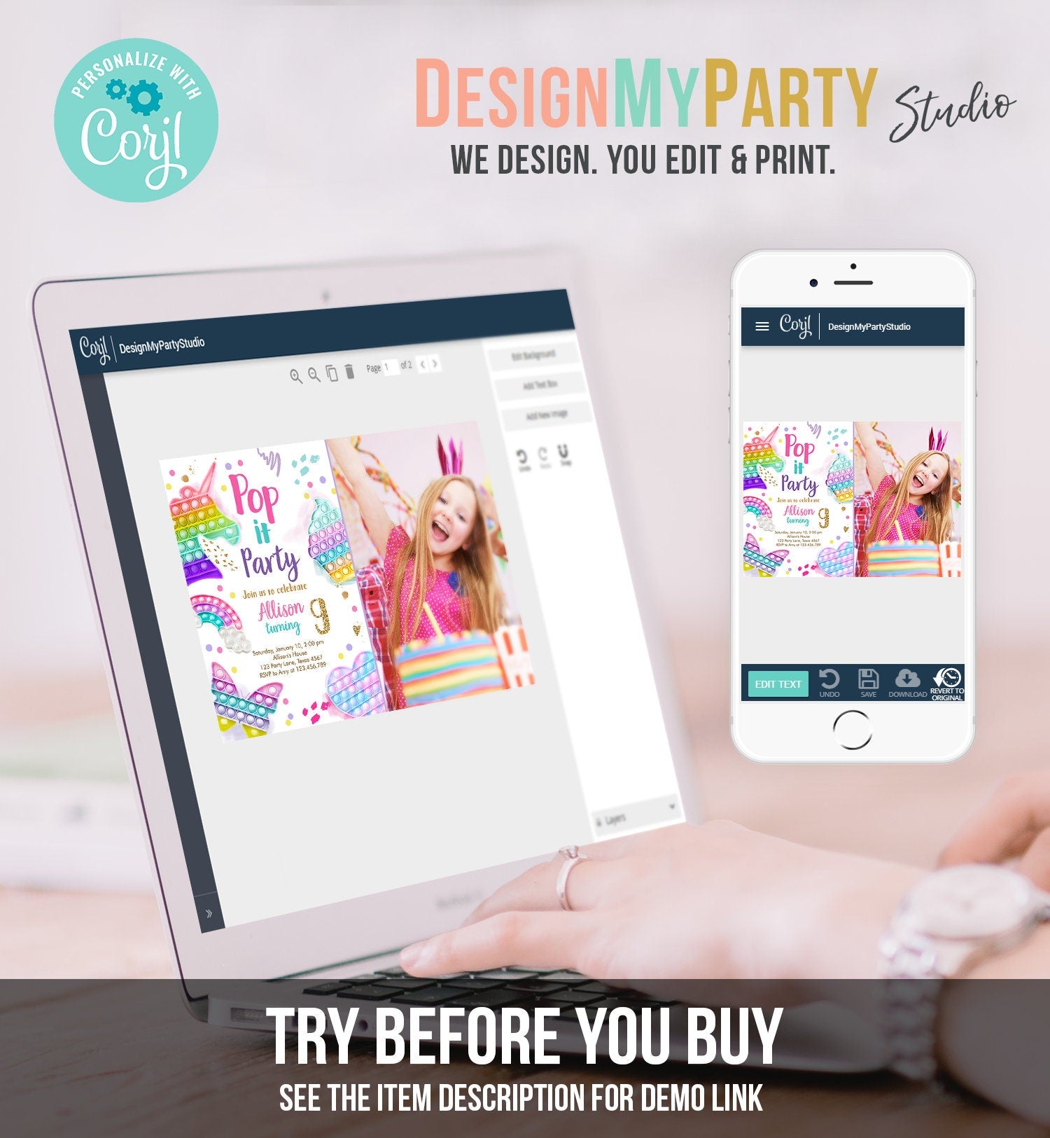 Editable Pop It Birthday Party Invitation Fidget Toy Girl Kids Birthday Rainbow Pastel Unicorn Bubble Download Printable Template Corjl 0422