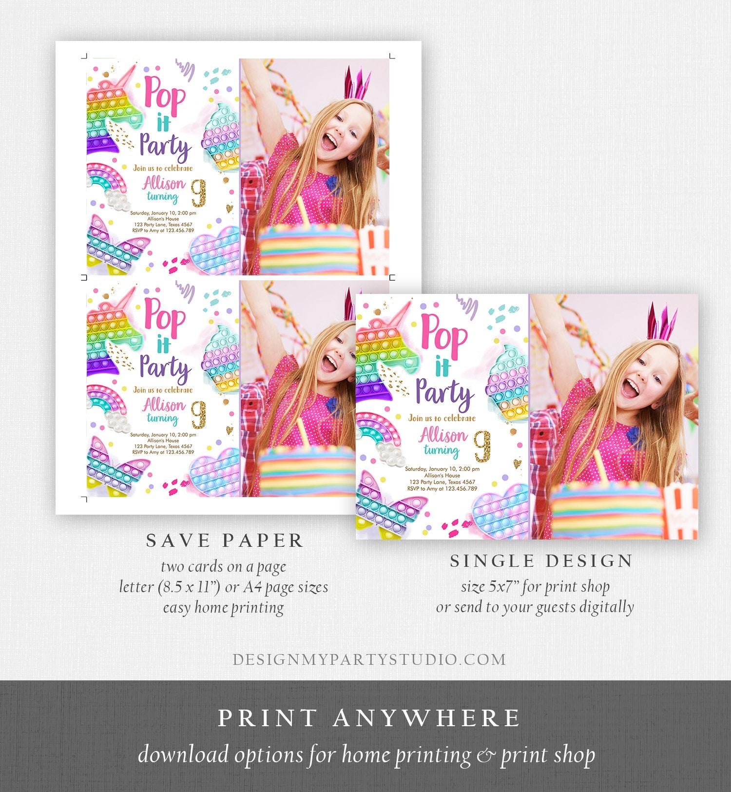 Editable Pop It Birthday Party Invitation Fidget Toy Girl Kids Birthday Rainbow Pastel Unicorn Bubble Download Printable Template Corjl 0422
