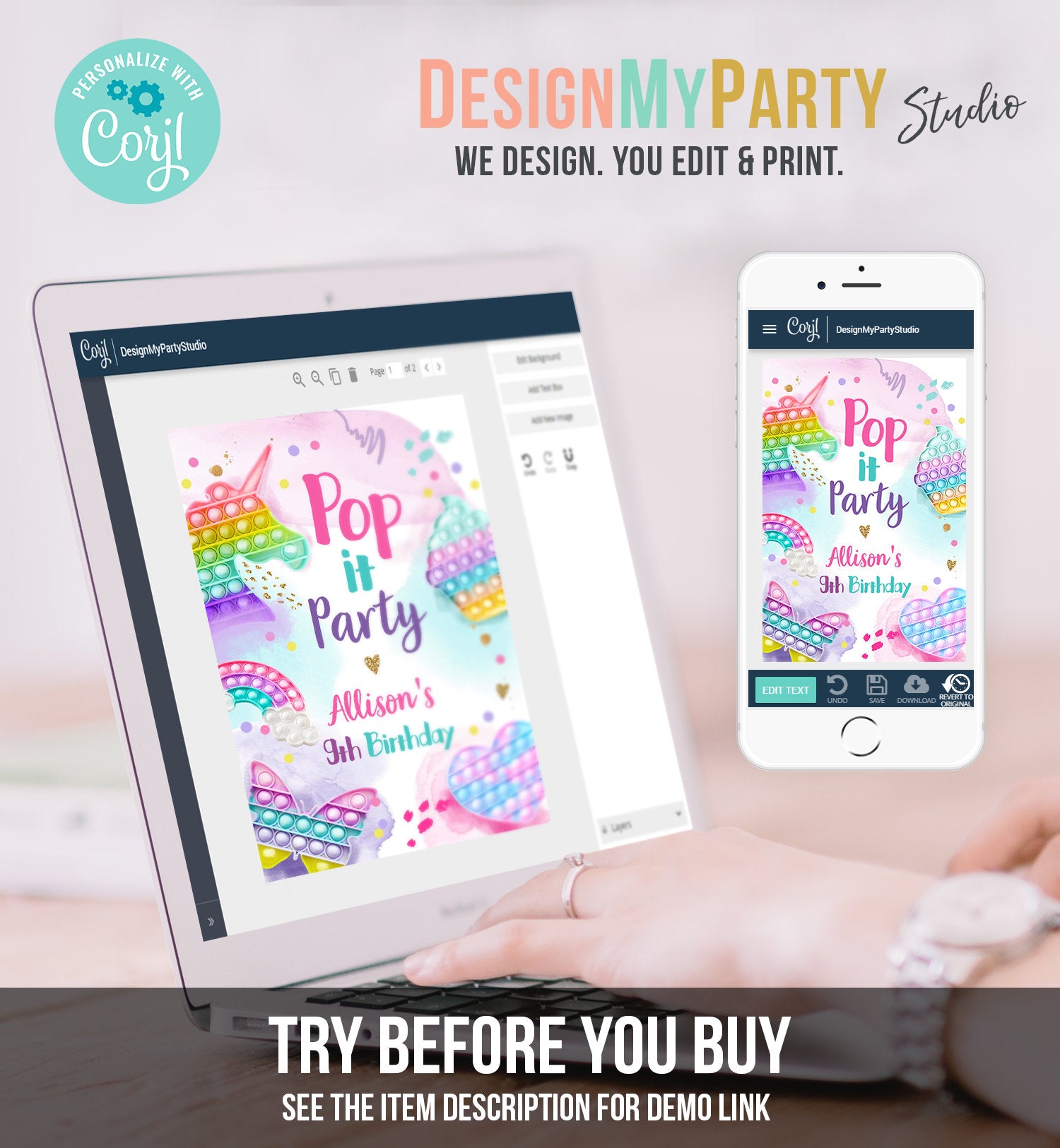 Editable Pop It Birthday Party Pop It Capri Sun Labels Fidget Toy Labels Girl Rainbow Fidget Popit Download Corjl Template Printable 0422