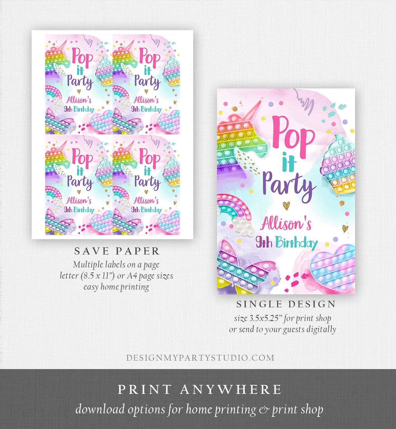 Editable Pop It Birthday Party Pop It Capri Sun Labels Fidget Toy Labels Girl Rainbow Fidget Popit Download Corjl Template Printable 0422