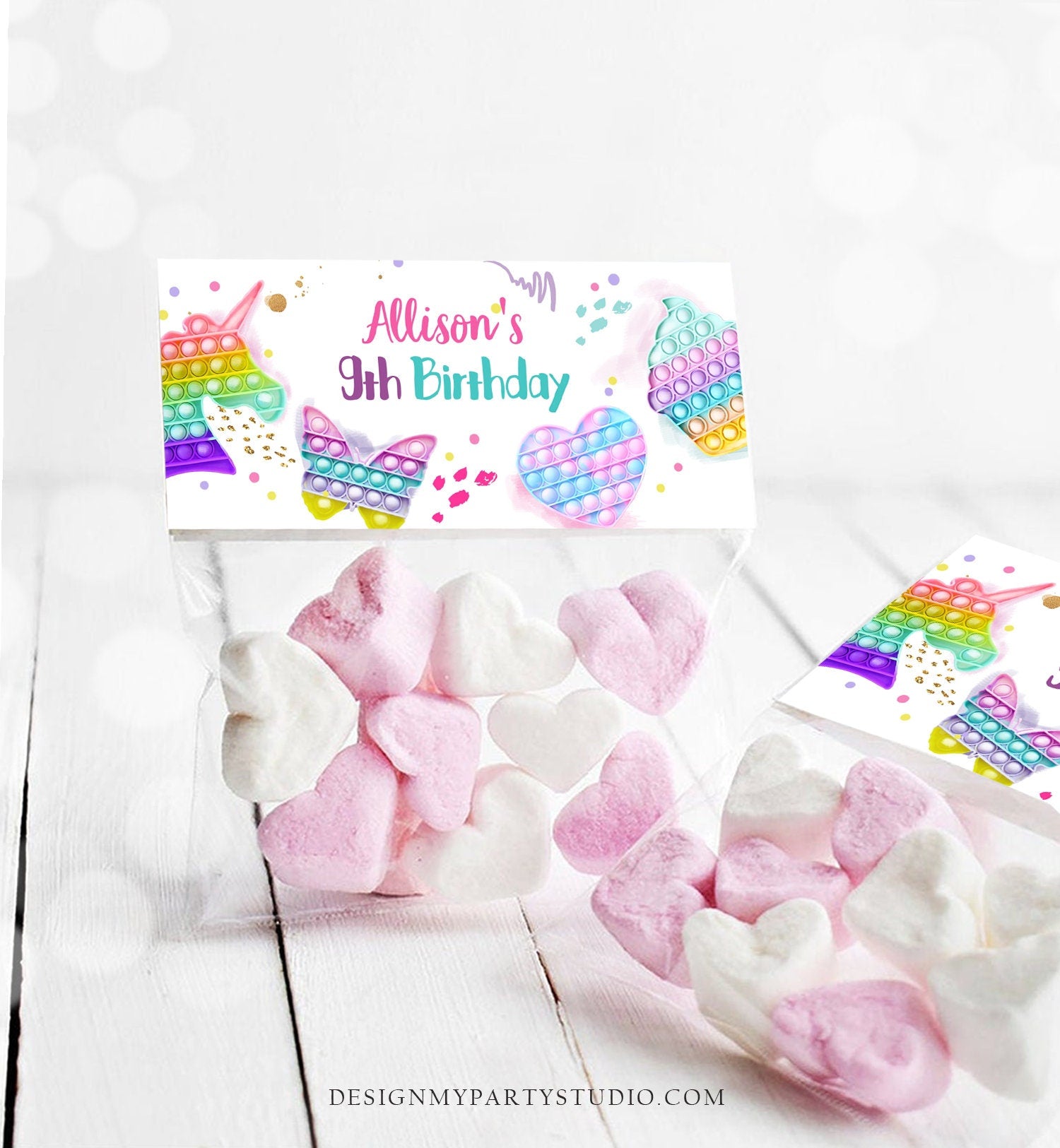 Editable Pop It Treat Bag Toppers Pop It Birthday Favors Girl Fidget Toy Girl Unicorn Rainbow Favor Tags Corjl Template Printable 0422