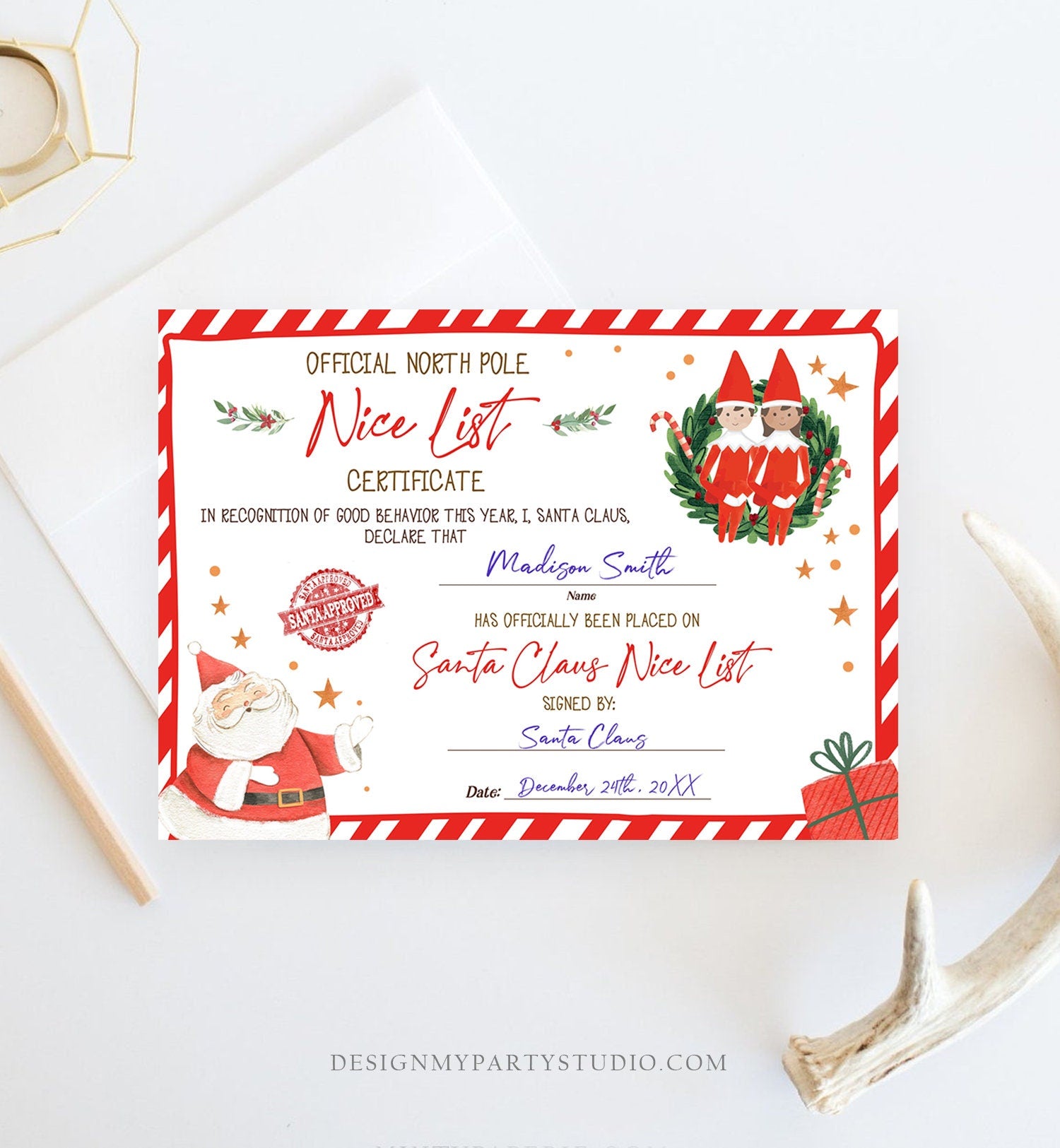 Editable Santa Claus Official Nice List Certificate Letter From Desk Christmas Eve Elves Boy Girl North Pole Corjl Template Printable 0358
