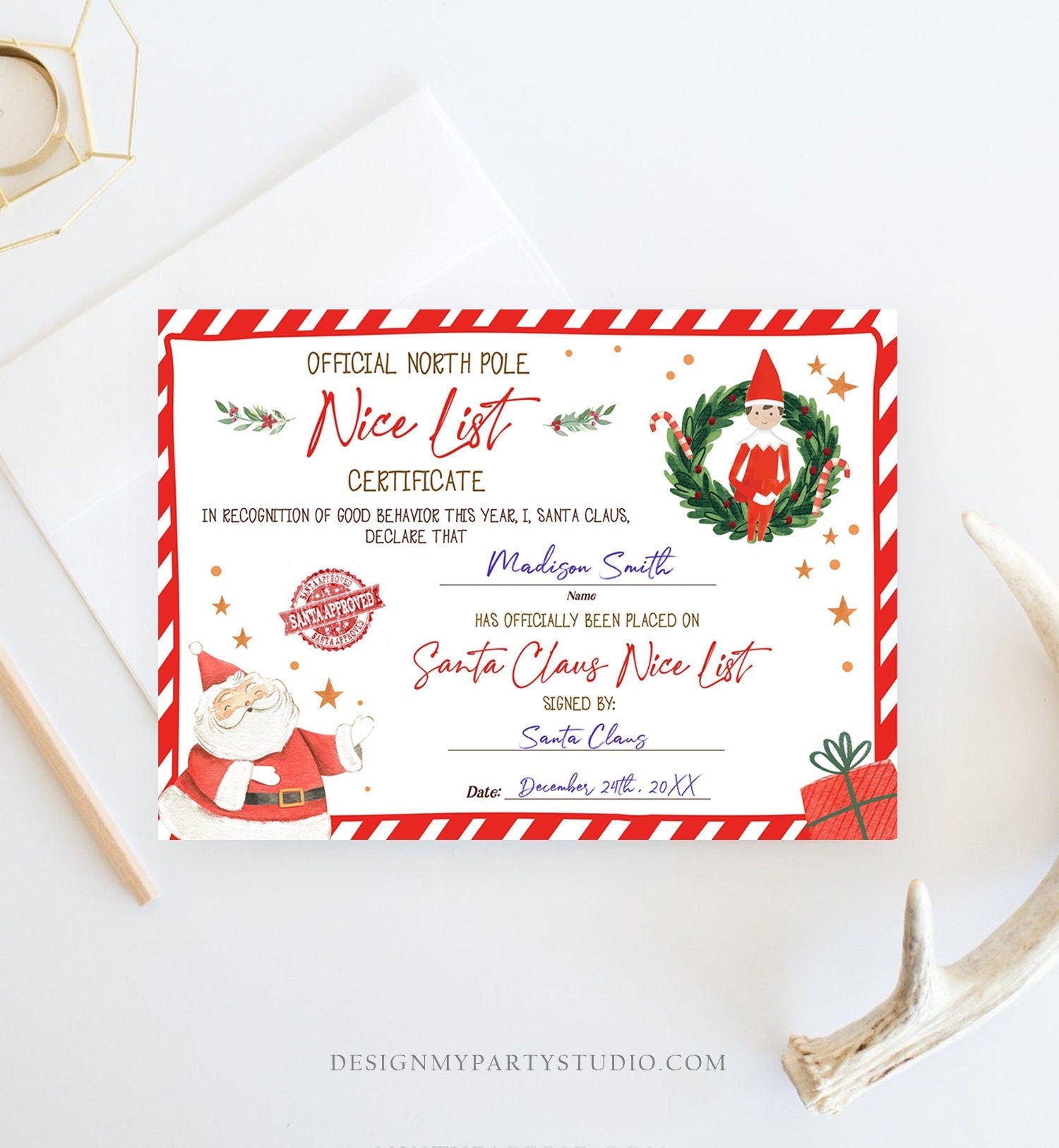 Editable Santa Claus Official Nice List Certificate Letter From Desk Christmas Eve Elves Boy Girl North Pole Corjl Template Printable 0358