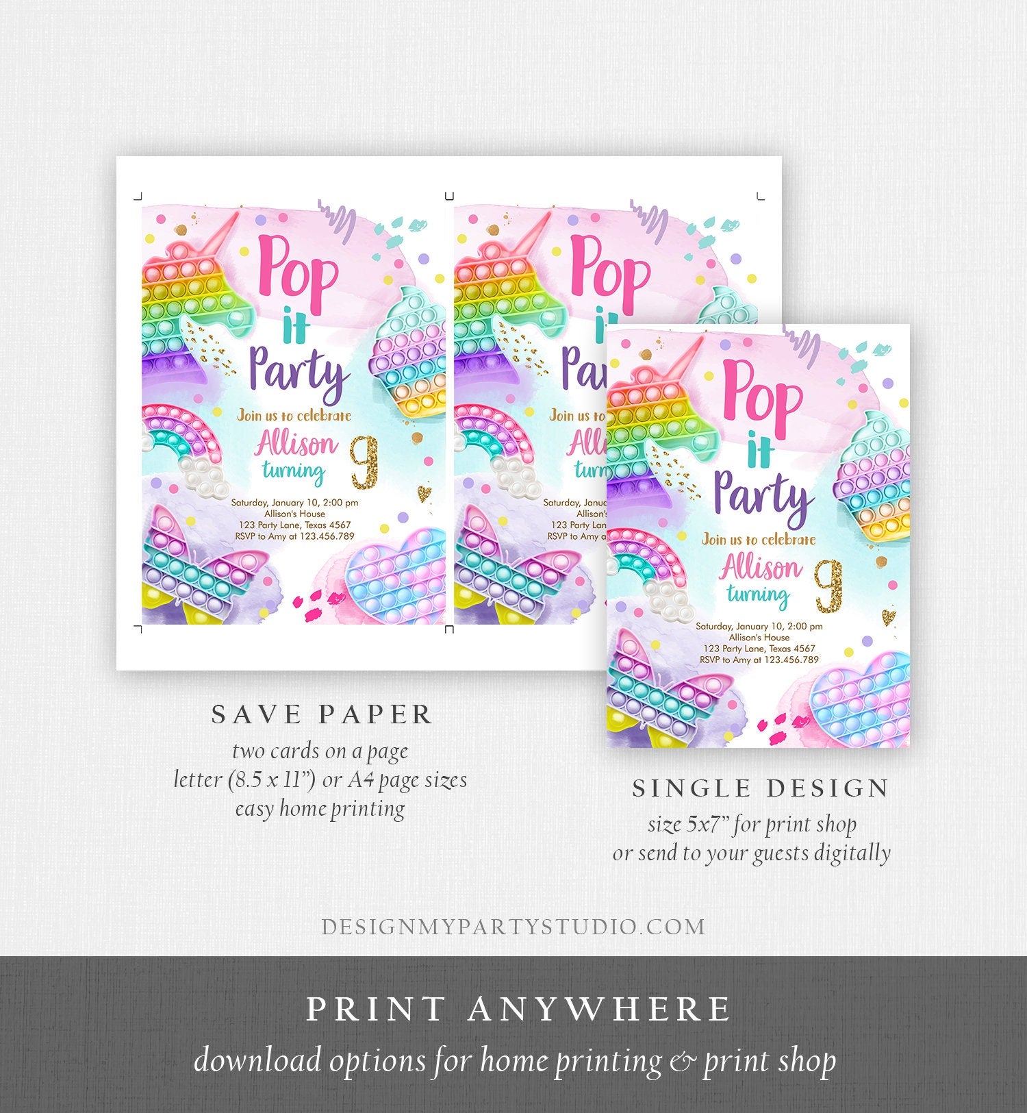 Editable Pop It Birthday Party Invitation Fidget Toy Girl Kids Birthday Rainbow Pastel Unicorn Bubble Download Printable Template Corjl 0422