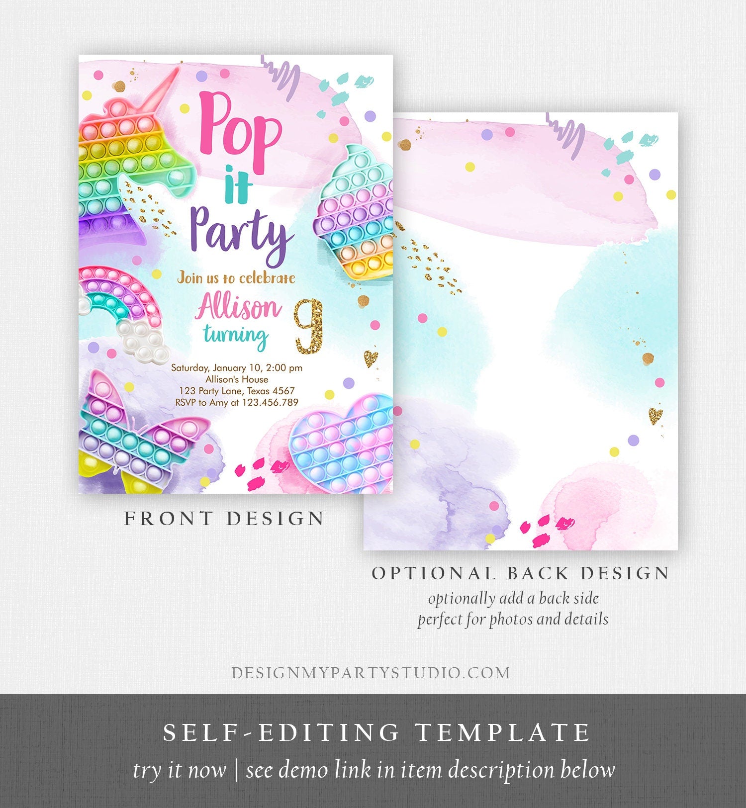 Editable Pop It Birthday Party Invitation Fidget Toy Girl Kids Birthday Rainbow Pastel Unicorn Bubble Download Printable Template Corjl 0422