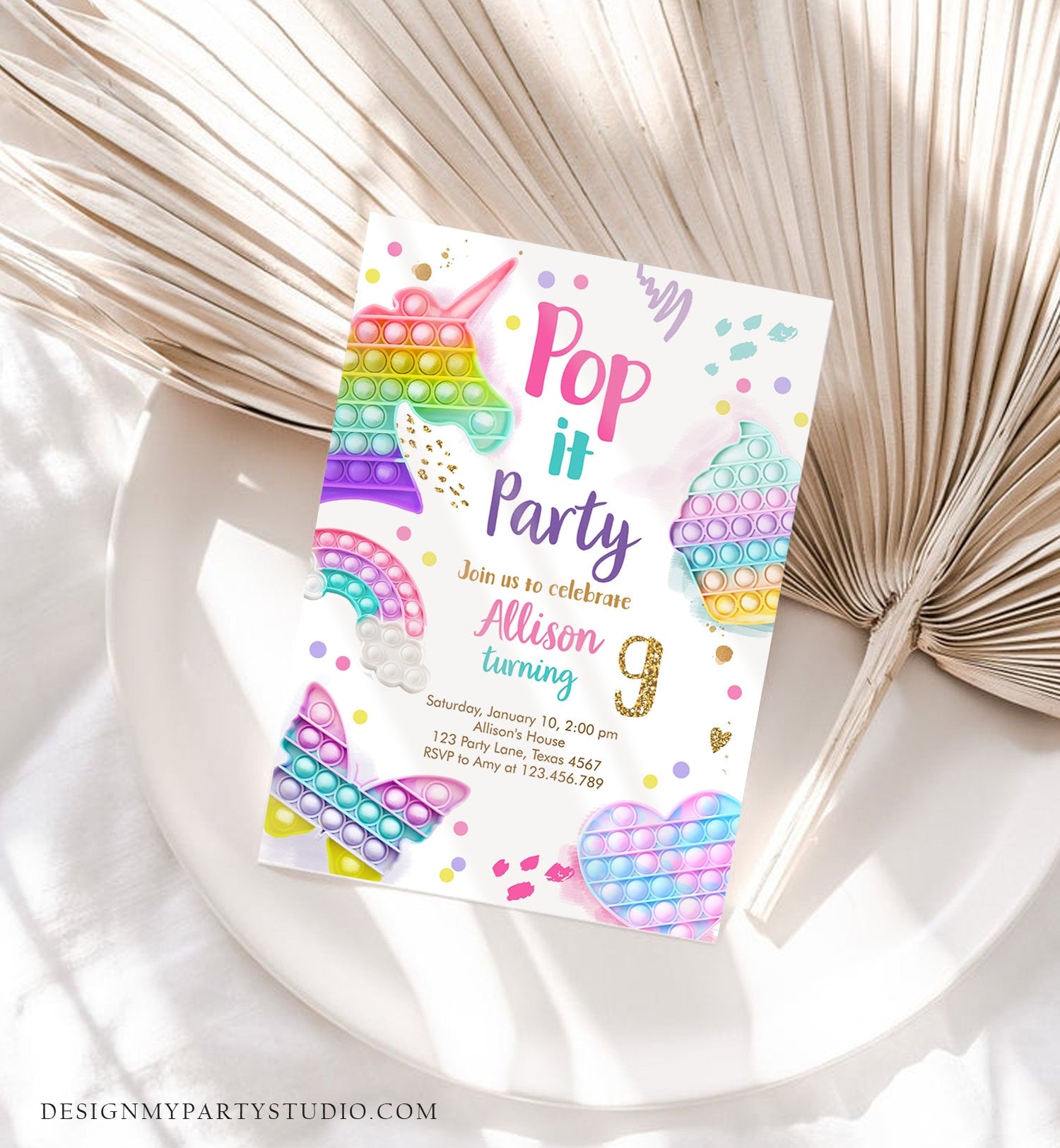 Editable Pop It Birthday Party Invitation Fidget Toy Girl Kids Birthday Rainbow Pastel Unicorn Bubble Download Printable Template Corjl 0422