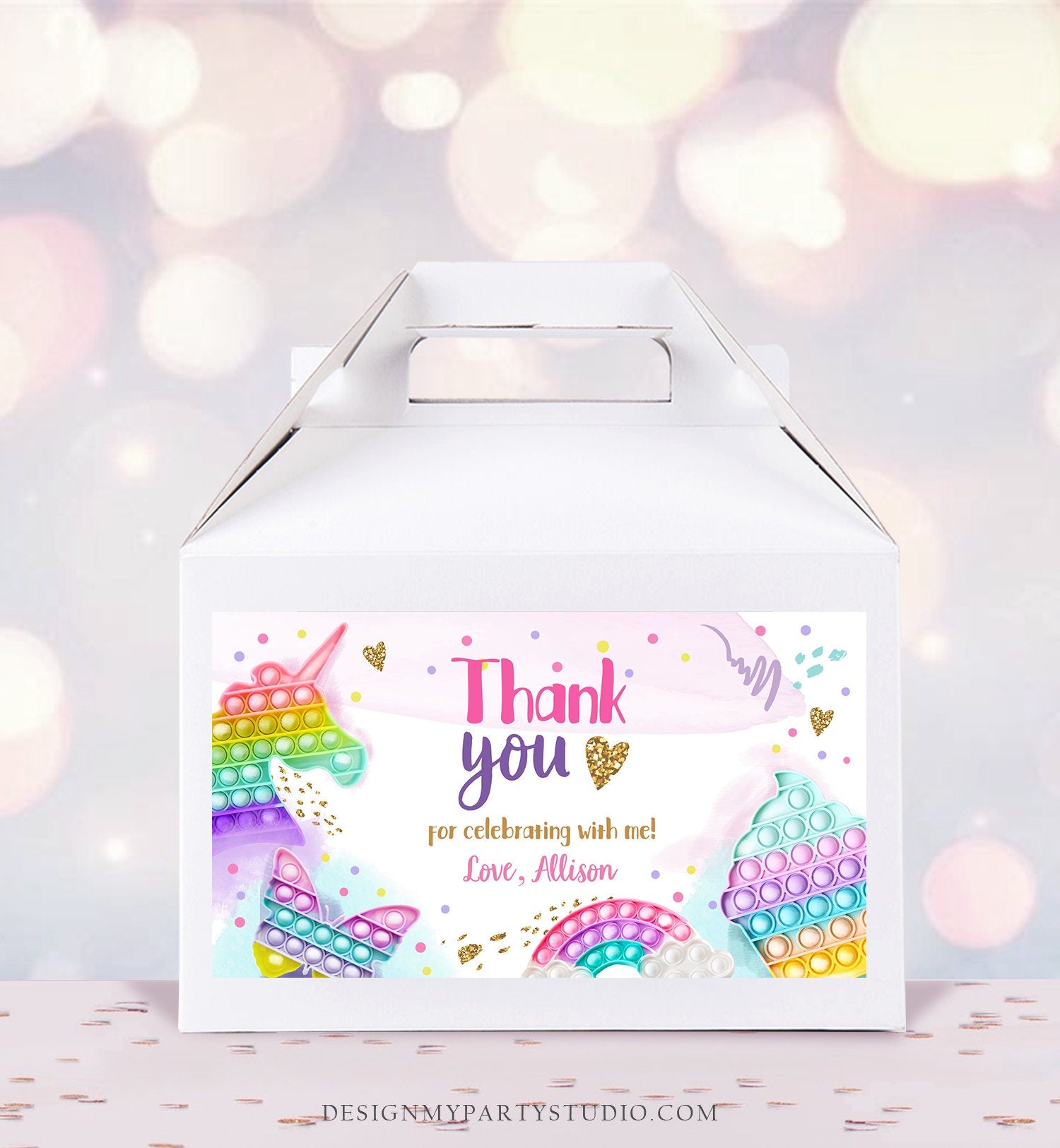 Editable Pop It Birthday Gable Gift Box Label Rainbow Fidget Toy Favors Girl Treat Box Label Bubble Squishy Download Printable Corjl 0422