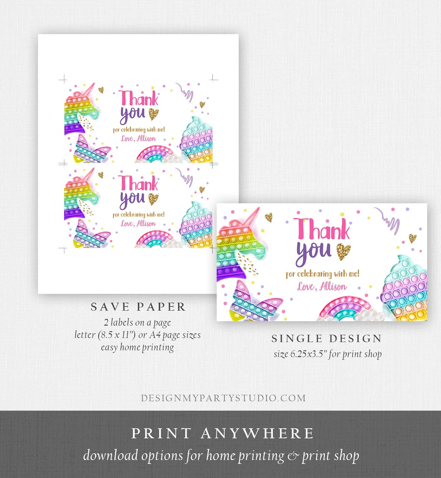 Editable Pop It Birthday Gable Gift Box Label Rainbow Fidget Toy Favors Girl Treat Box Label Bubble Squishy Download Printable Corjl 0422