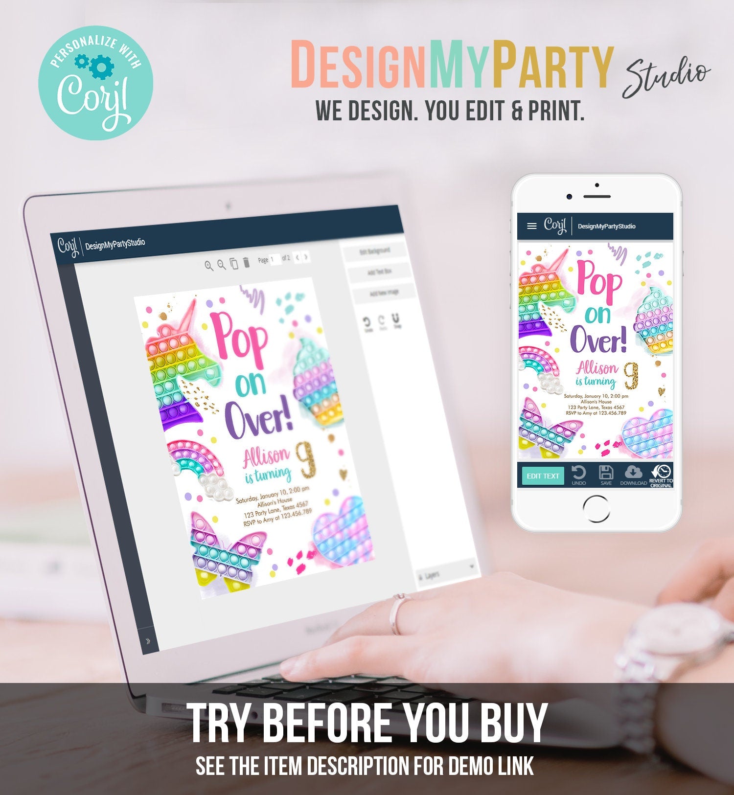 Editable Pop It Birthday Party Invitation Fidget Toy Girl Kids Birthday Rainbow Pastel Unicorn Bubble Download Printable Template Corjl 0422