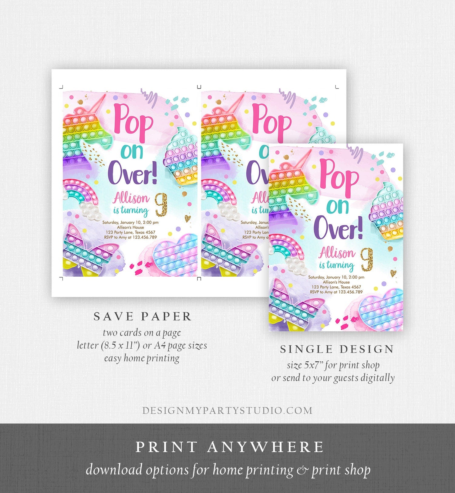 Editable Pop It Birthday Party Invitation Fidget Toy Girl Kids Birthday Rainbow Pastel Unicorn Bubble Download Printable Template Corjl 0422