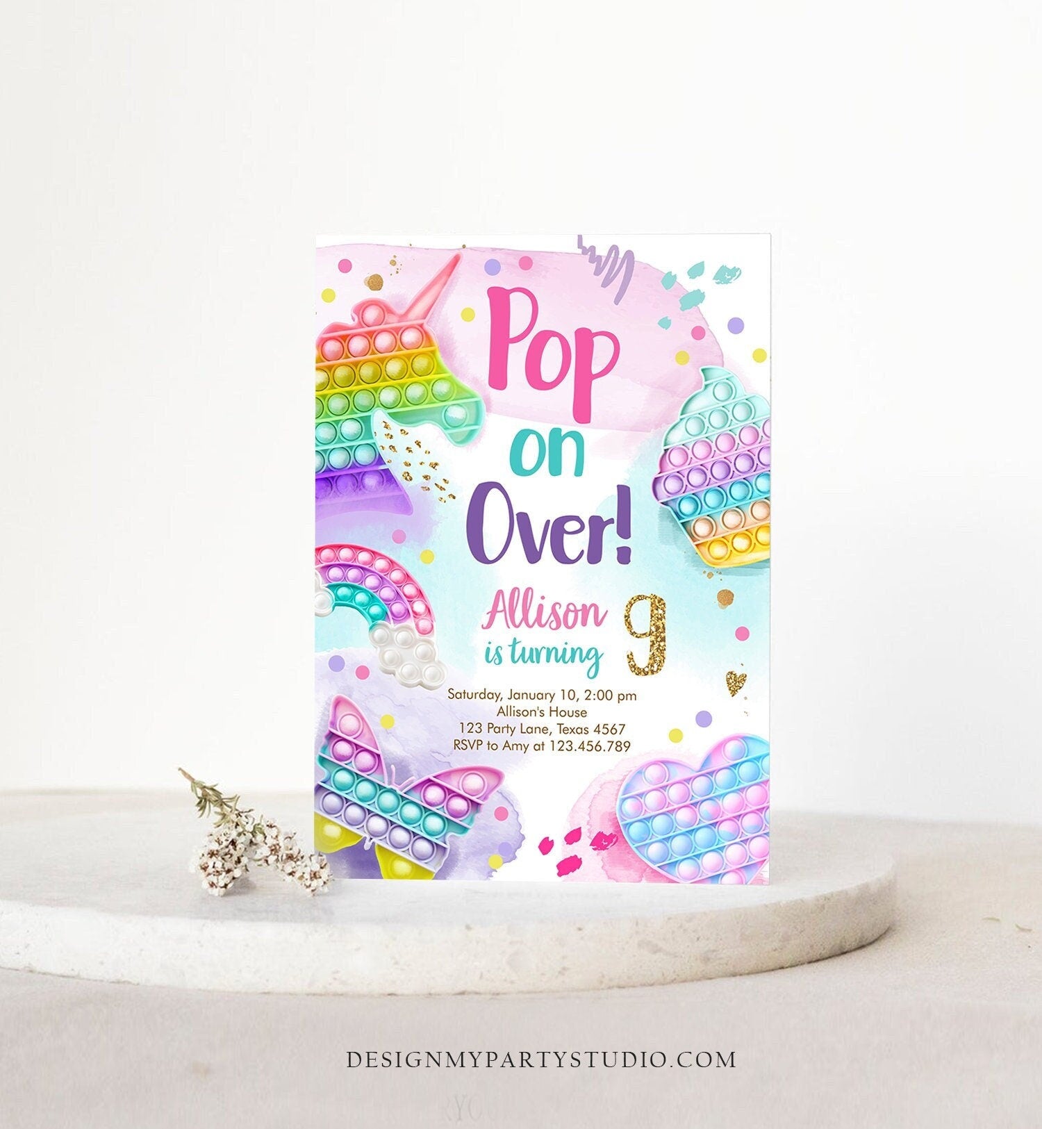 Editable Pop It Birthday Party Invitation Fidget Toy Girl Kids Birthday Rainbow Pastel Unicorn Bubble Download Printable Template Corjl 0422