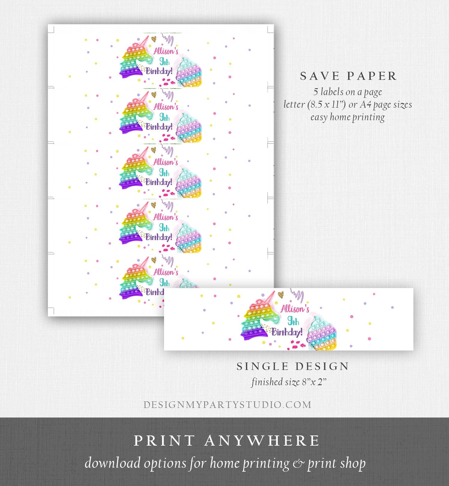 Editable Pop It Water Bottle Labels Fidget Toy Birthday Decor Popit Party Girl Pop It Party Pastel Printable Label Template Corjl 0422