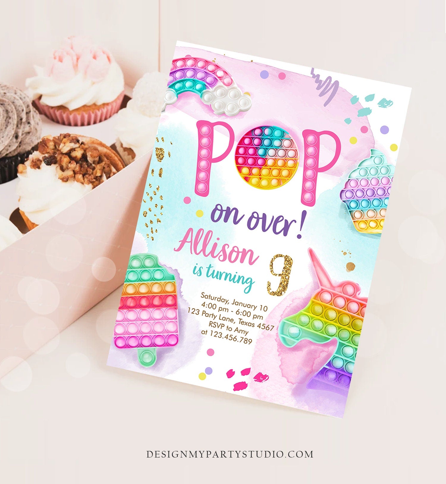Editable Pop It Invitation Fidget Toy Party Pop It Rainbow Girl Kids Pastel Unicorn Watercolor Bubble Download Printable Template Corjl 0422