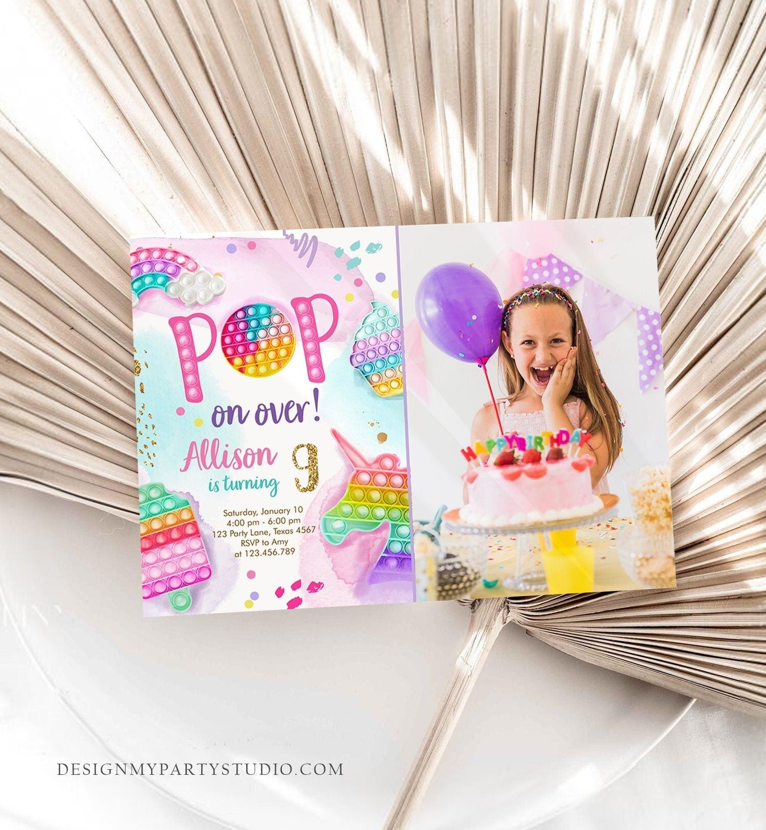 Editable Pop It Invitation Fidget Toy Party Pop It Rainbow Girl Kids Pastel Unicorn Watercolor Bubble Download Printable Template Corjl 0422