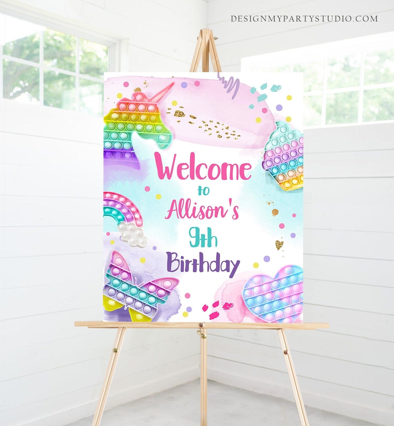 Editable Pop It Birthday Welcome Sign Fidget Toy Party Popit Birthday Welcome Teen Girl Pastel Rainbow Template Corjl PRINTABLE 0422