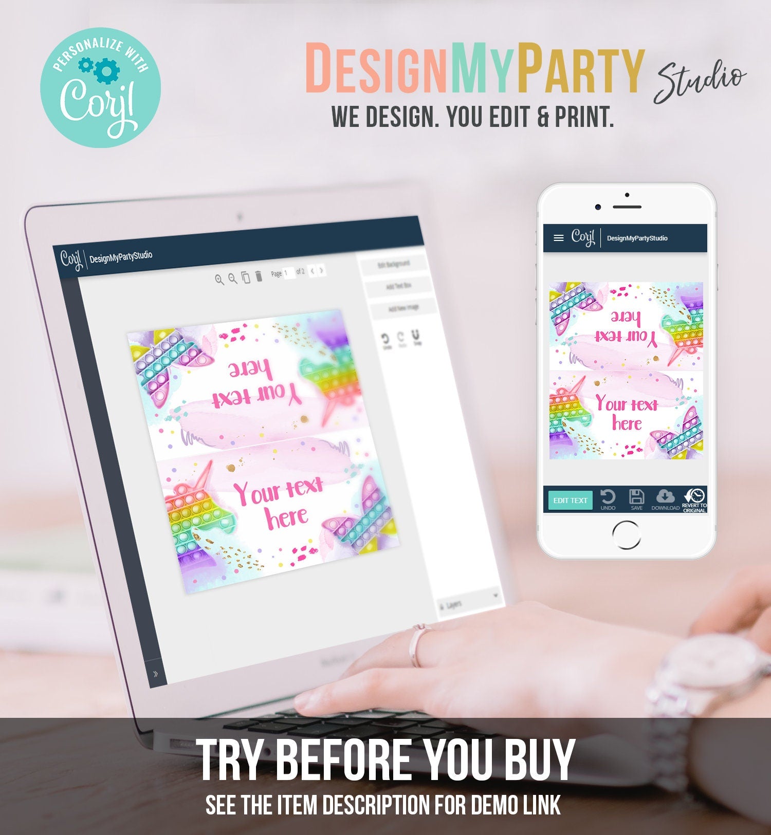 Editable Pop It Party Food Label Fidget Toy Birthday Place Card Tent Card Girl Rainbow Pastel Pop It Birthday Printable Corjl Template 0422