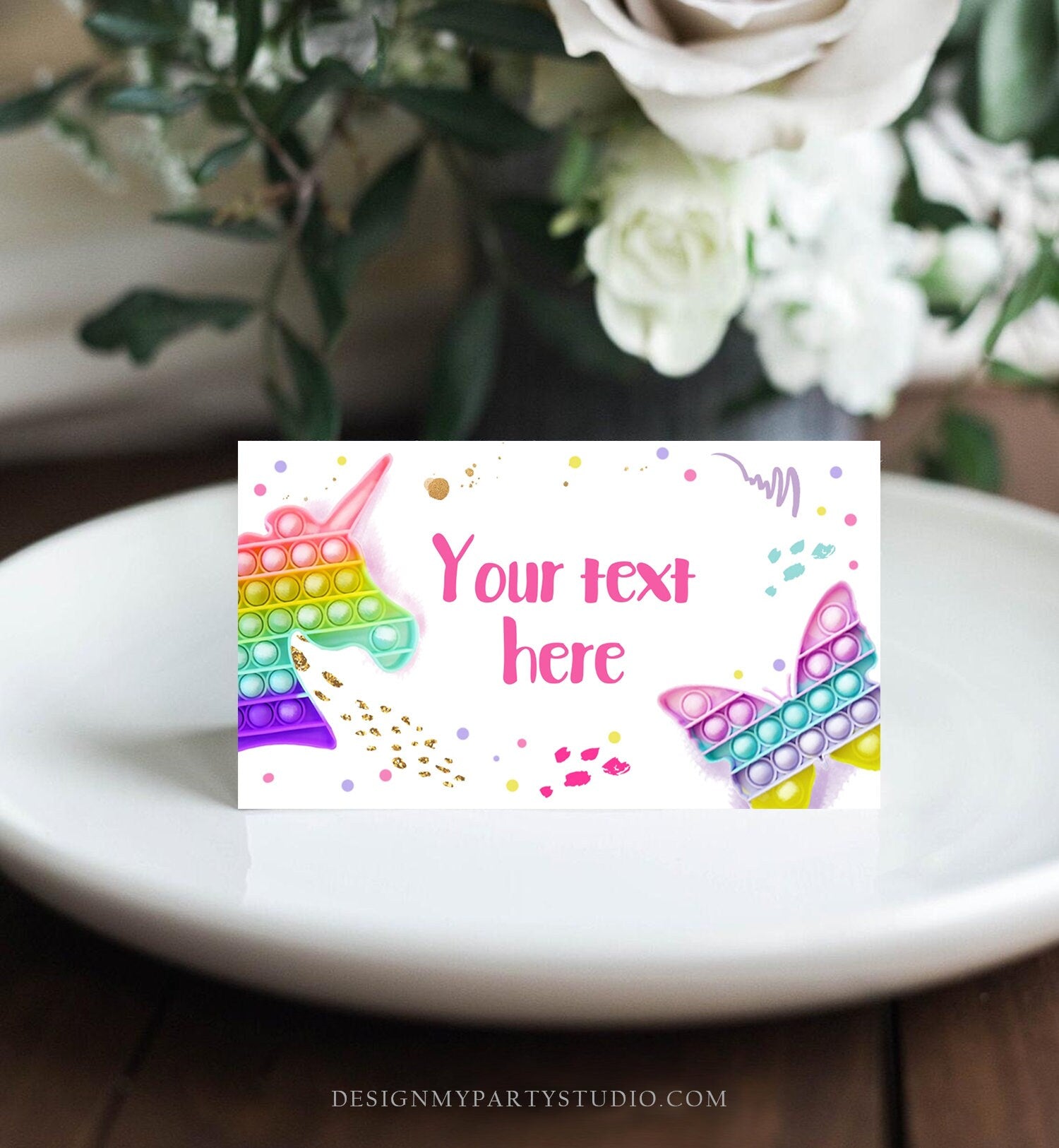 Editable Pop It Party Food Label Fidget Toy Birthday Place Card Tent Card Girl Rainbow Pastel Pop It Birthday Printable Corjl Template 0422