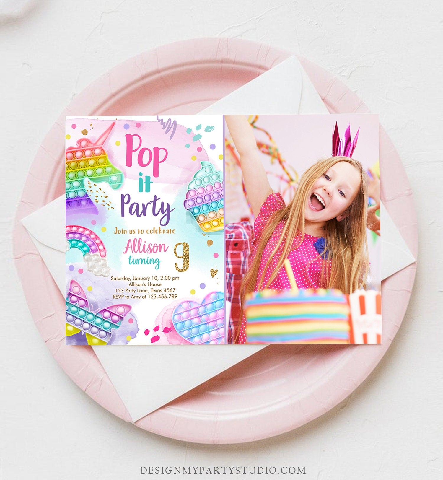 Editable Pop It Birthday Party Invitation Fidget Toy Girl Kids Birthday Rainbow Pastel Unicorn Bubble Download Printable Template Corjl 0422