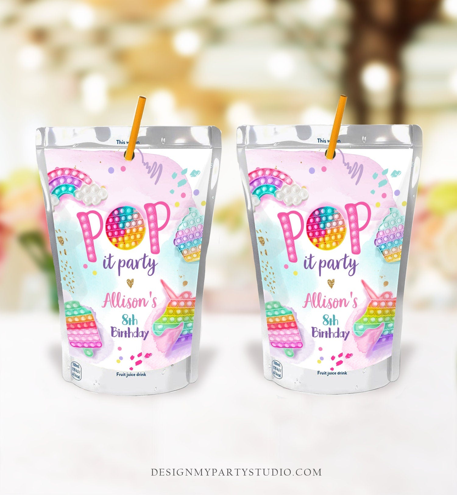 Editable Pop It Birthday Party Pop It Capri Sun Labels Fidget Toy Labels Girl Rainbow Fidget Popit Download Corjl Template Printable 0422