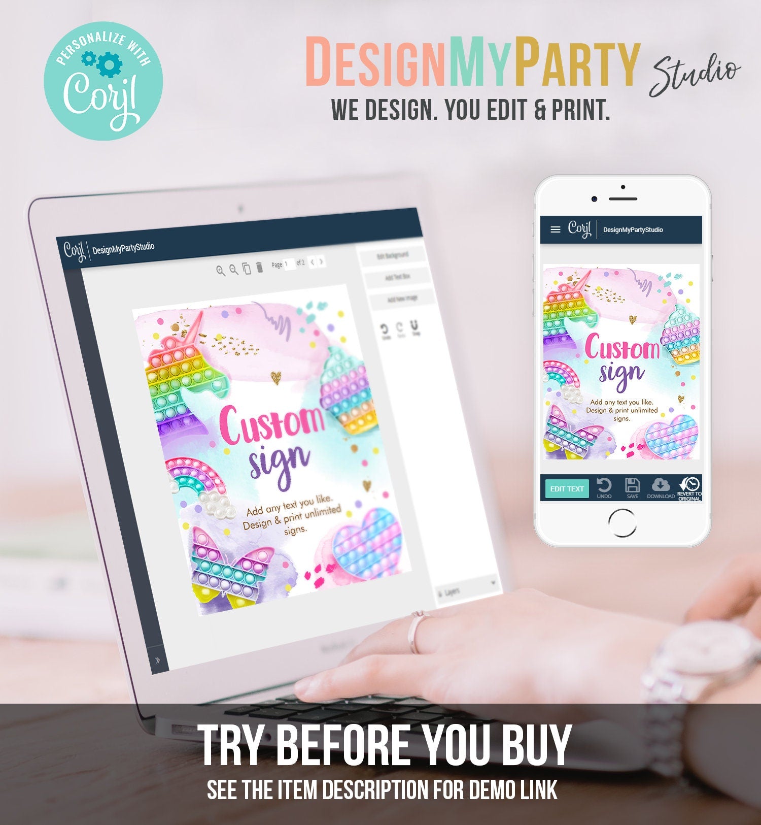 Editable Custom Sign Pop It Birthday Decor Fidget Toy Party Sign Pop It Party Sign Girl Rainbow Table Sign Corjl Template PRINTABLE 0422