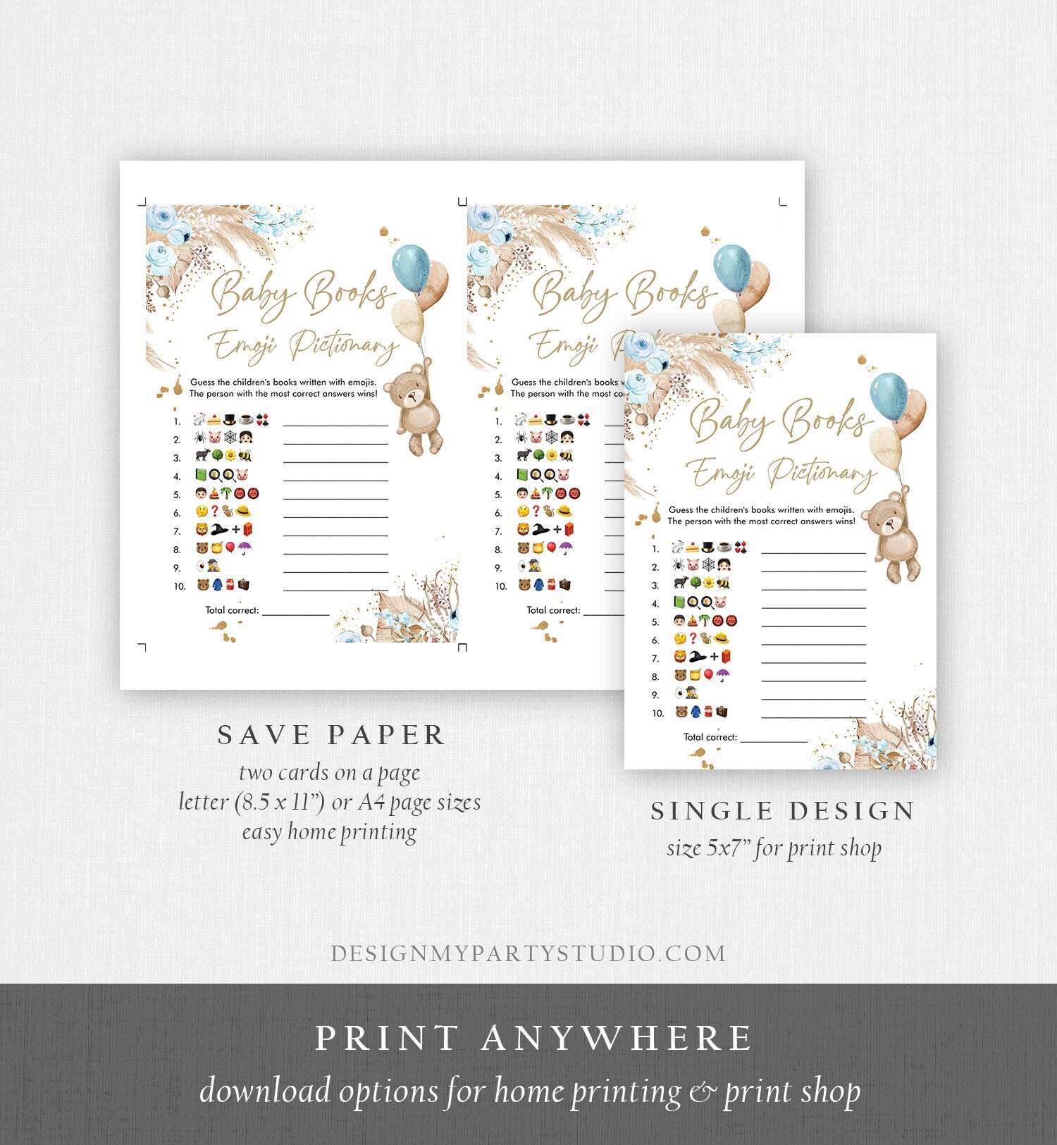 Editable Emoji Pictionary Baby Shower Game Baby Books Boho Teddy Bear Shower Pampas Grass Boy Bearly Wait Corjl Template Printable 0421