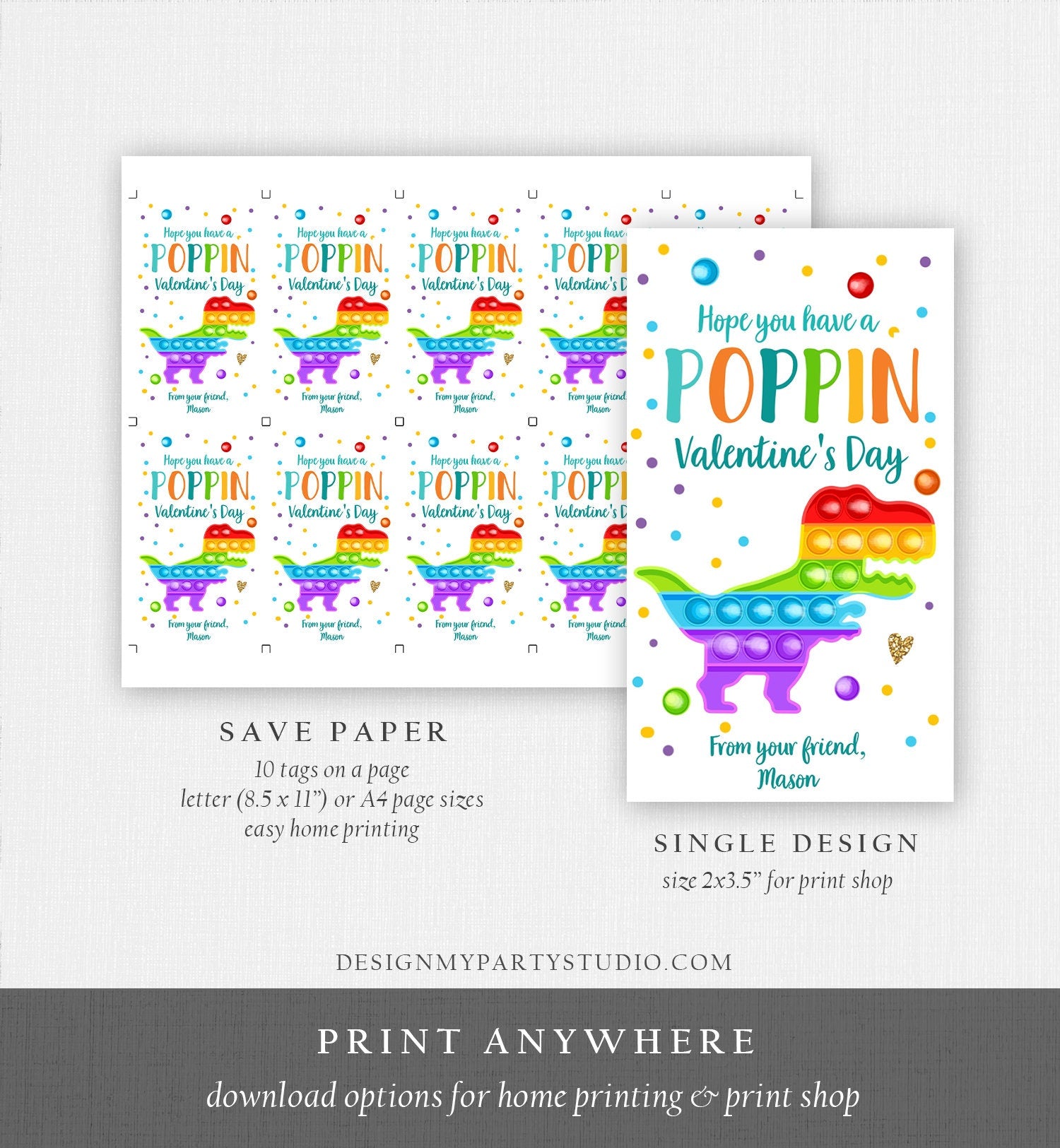 Editable Valentines Pop it gift tags Poppin Valentine's Day Party Favors Tag School Boy Kids Popit Label Rainbow Printable PRINTABLE 0370