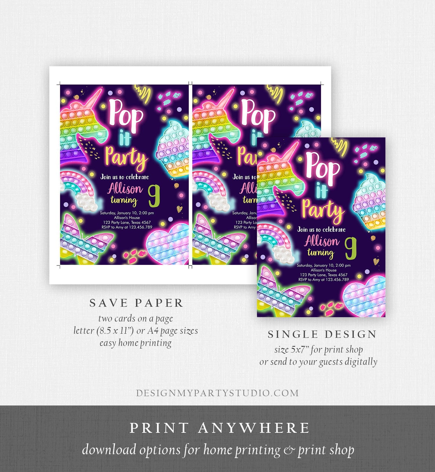 Editable Pop It Birthday Party Invitation Fidget Party Girl Kids Birthday Rainbow Neon Unicorn Bubble Download Printable Template Corjl 0422