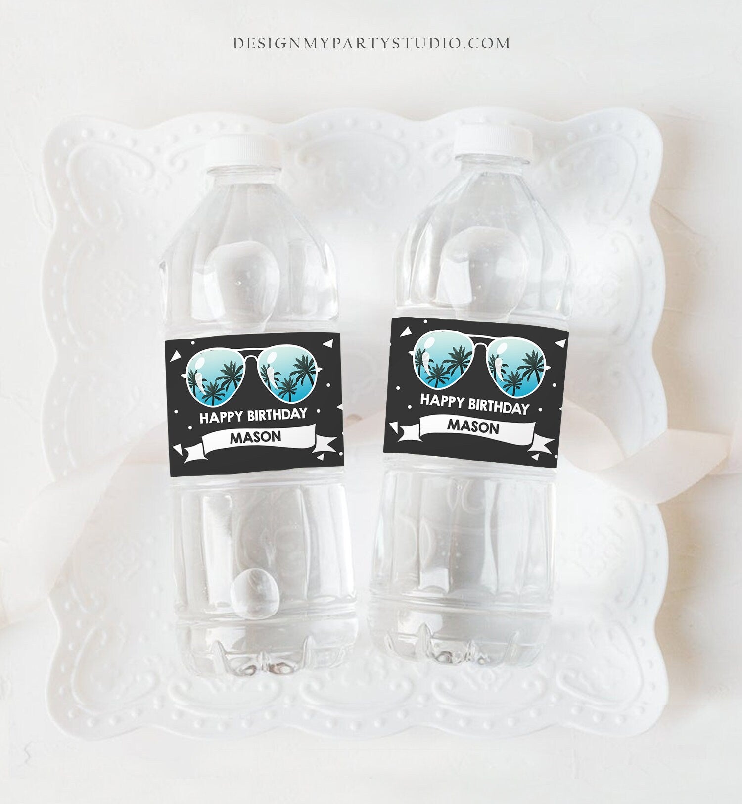 Editable Water Bottle Labels Sunglasses Two Cool Birthday Boy 2nd Birthday Summer I'm This Many Palm Decor Printable Template Corjl 0136