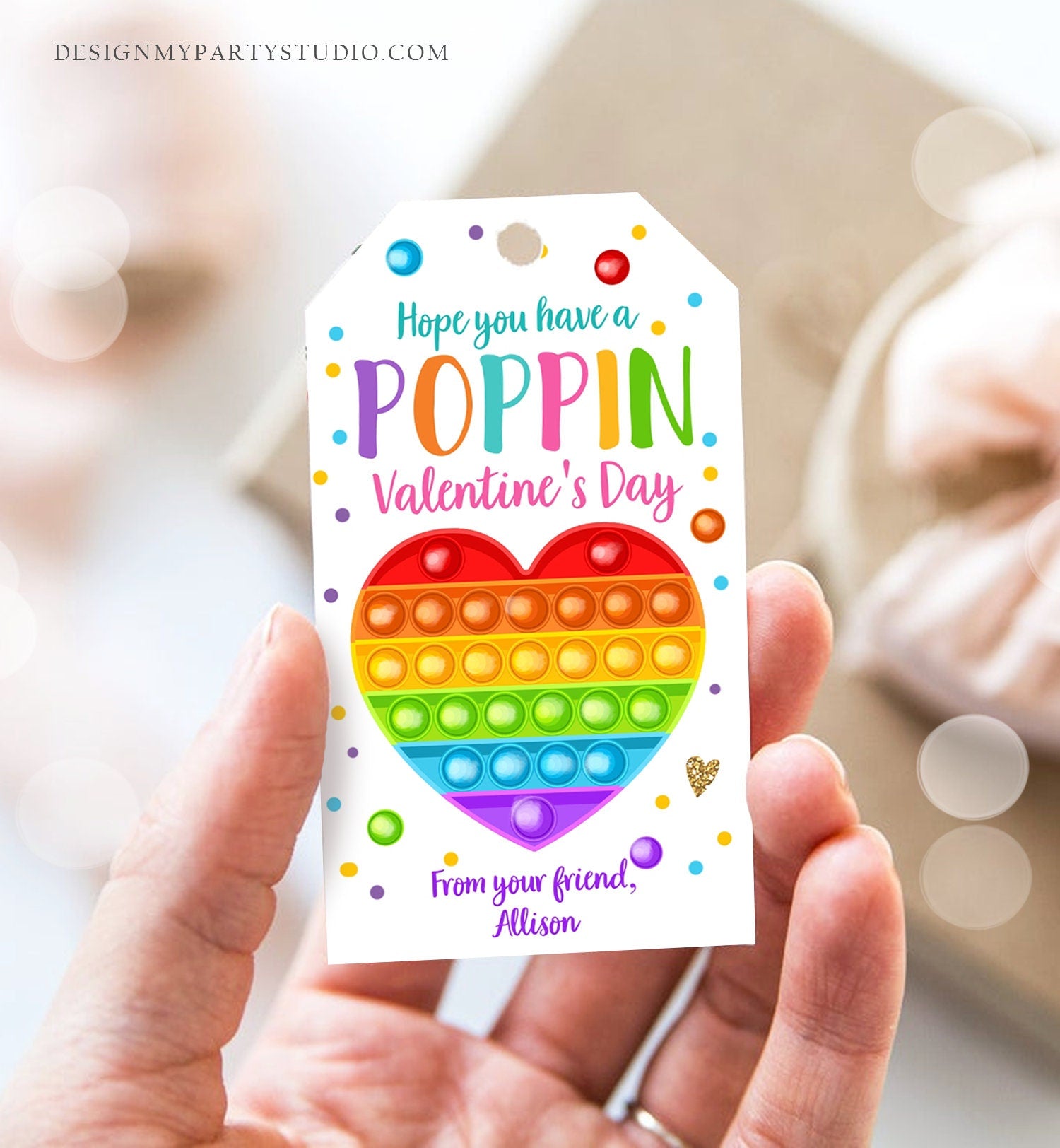 Editable Valentines Pop it gift tags Poppin Valentine's Day Party Favors Tag School Non-Candy Popit Label Rainbow Printable PRINTABLE 0370