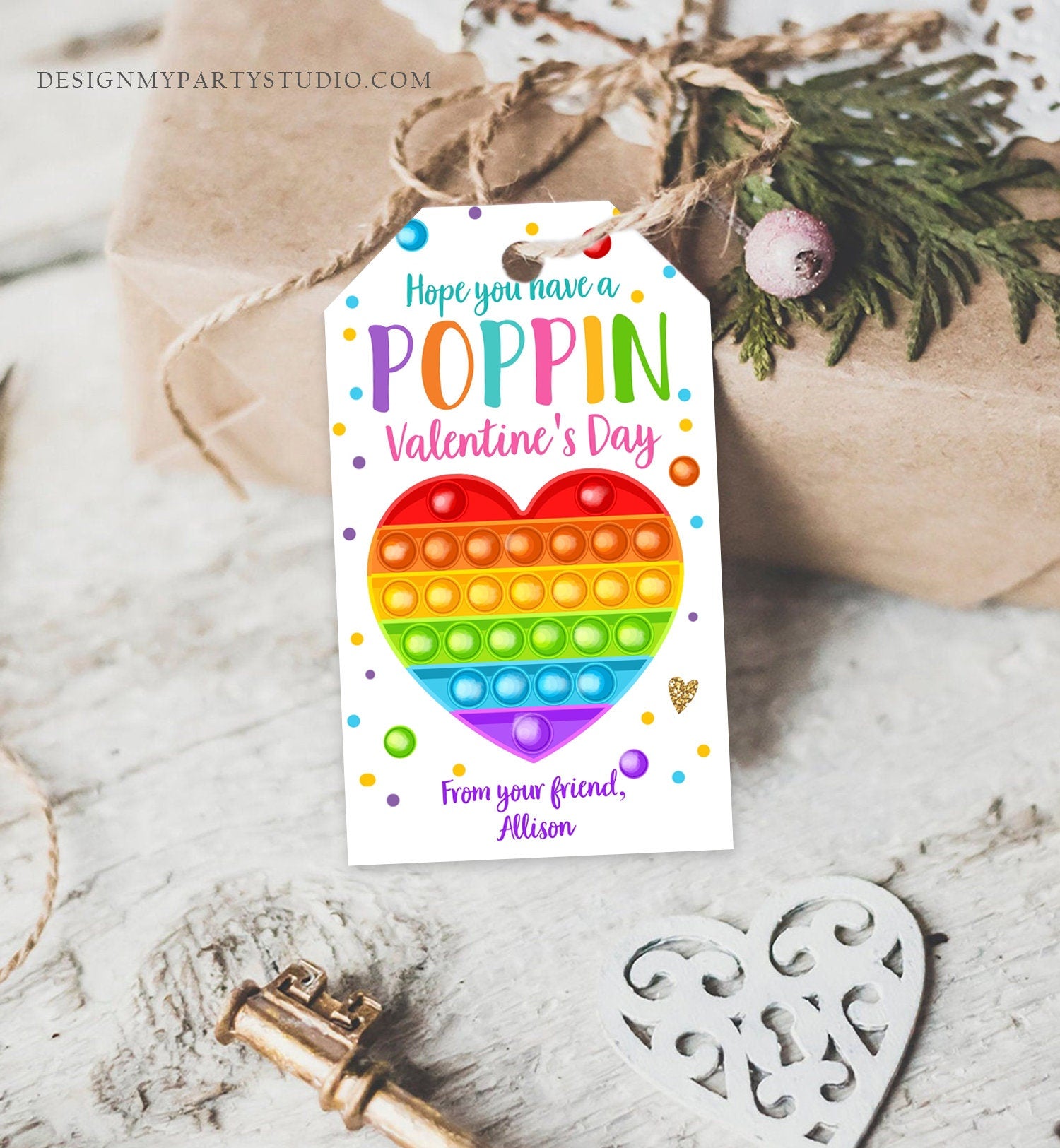 Editable Valentines Pop it gift tags Poppin Valentine's Day Party Favors Tag School Non-Candy Popit Label Rainbow Printable PRINTABLE 0370
