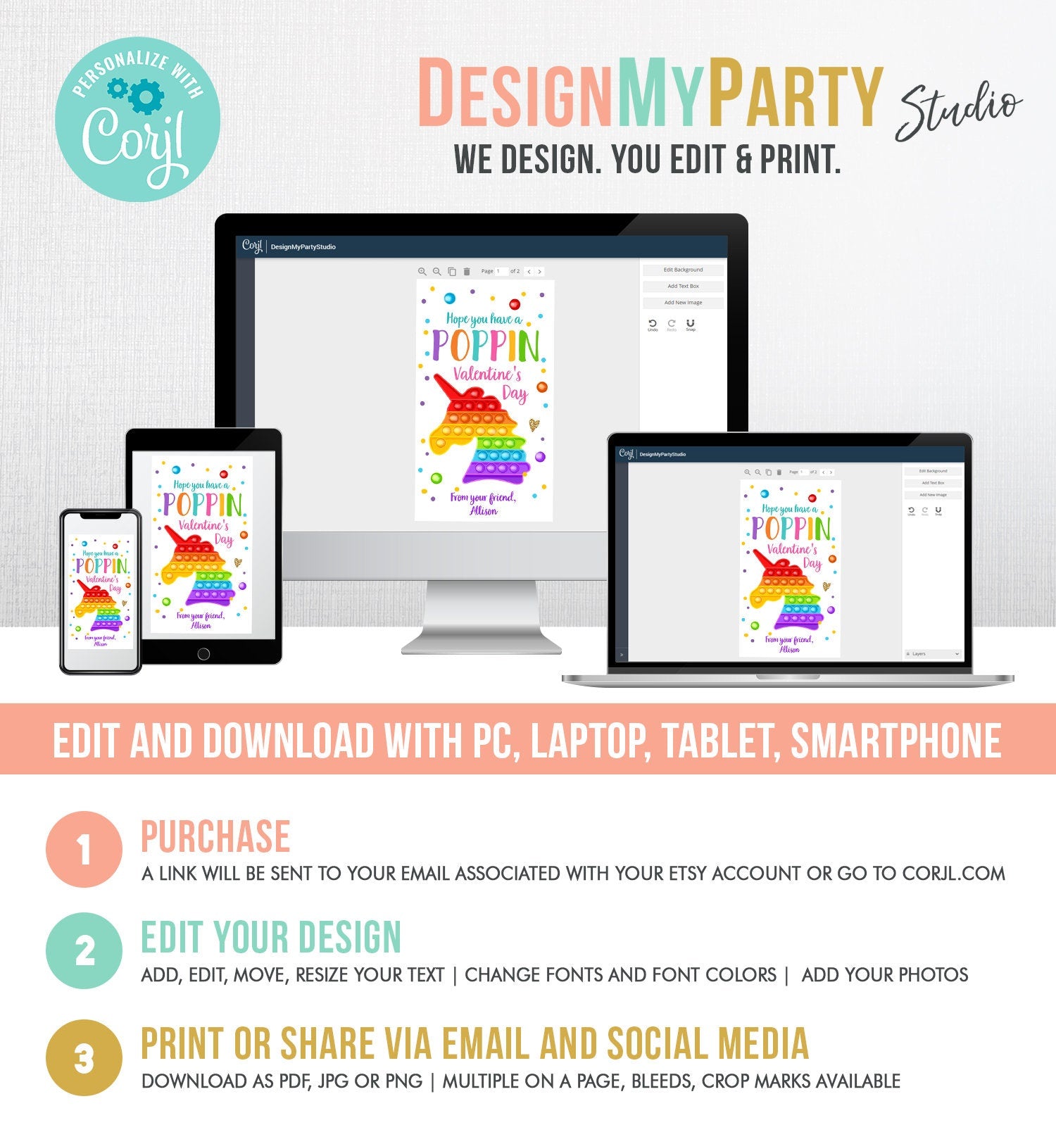 Editable Valentines Pop it gift tags Poppin Valentine's Day Party Favors Tag School Non-Candy Popit Label Rainbow Printable PRINTABLE 0370