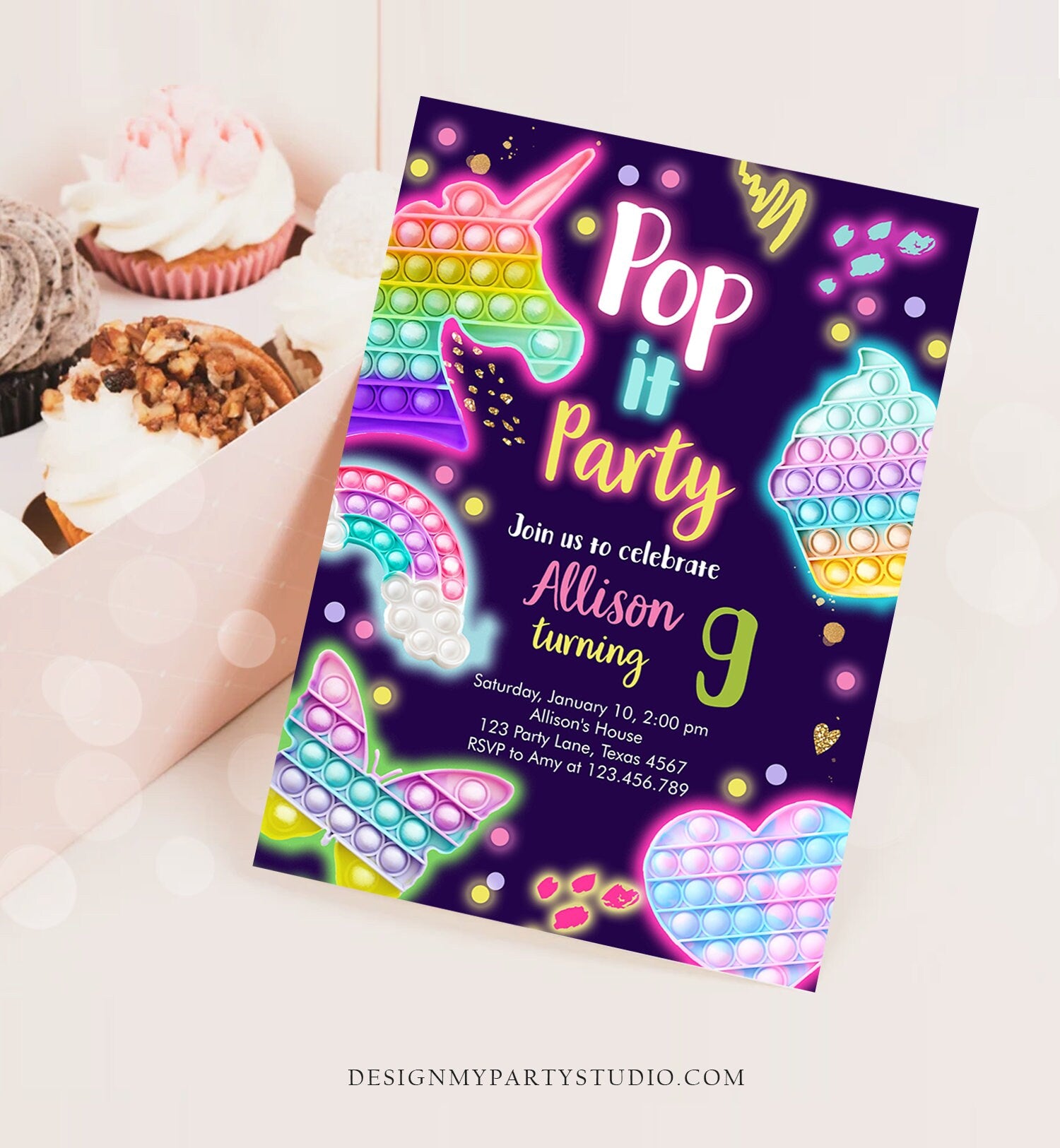 Editable Pop It Birthday Party Invitation Fidget Party Girl Kids Birthday Rainbow Neon Unicorn Bubble Download Printable Template Corjl 0422
